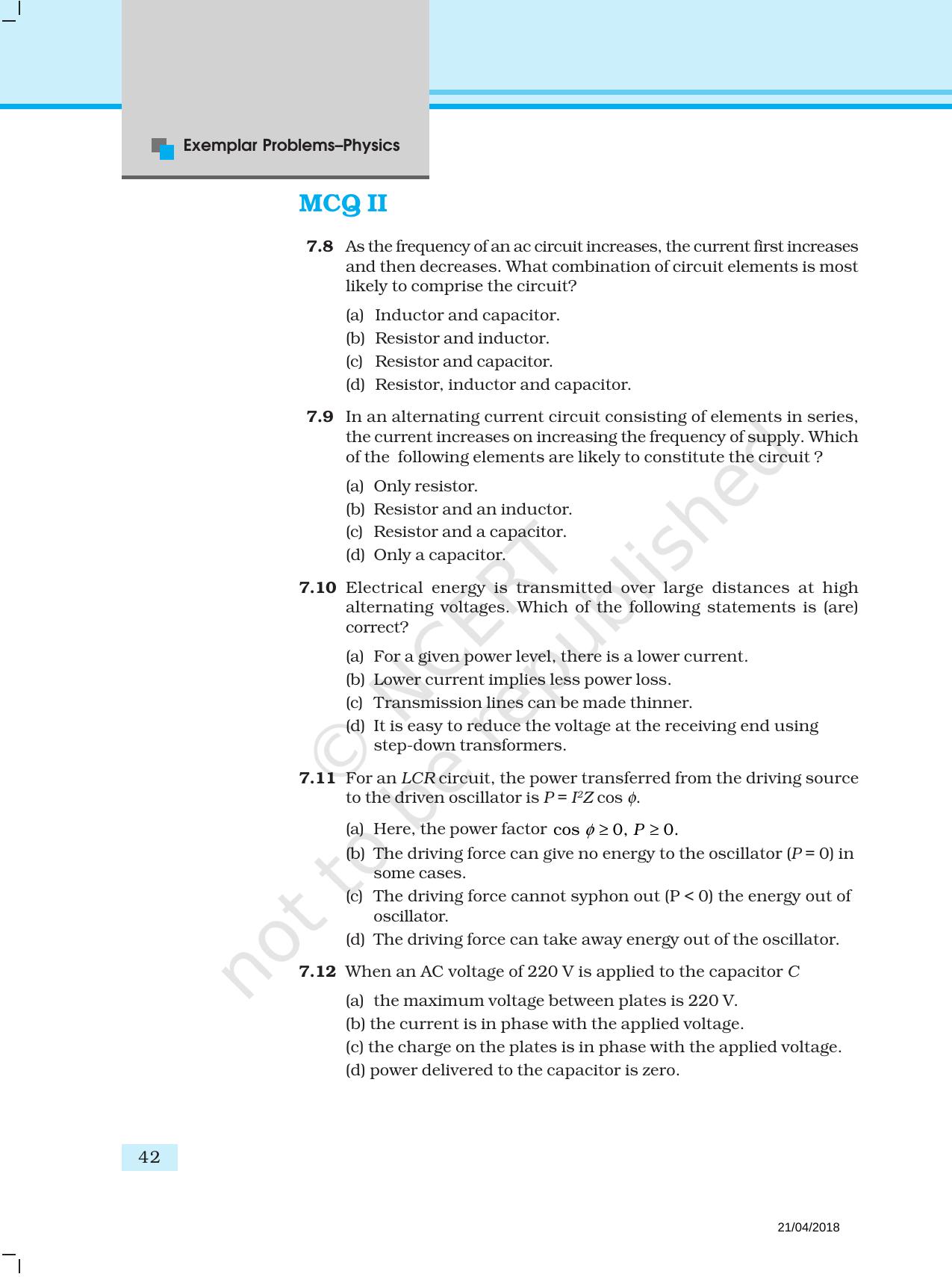 NCERT Exemplar Book for Class 12 Physics: Chapter 7 Alternating Current - Page 3
