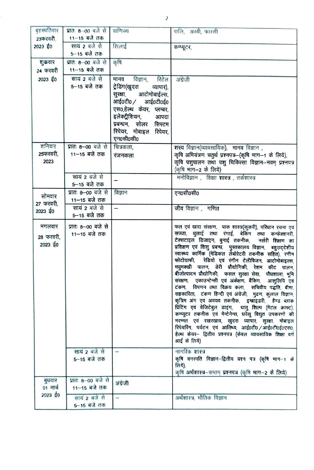 UP Board Intermediate Time Table 2023 PDF Arts, Science, Commerce - Page 2