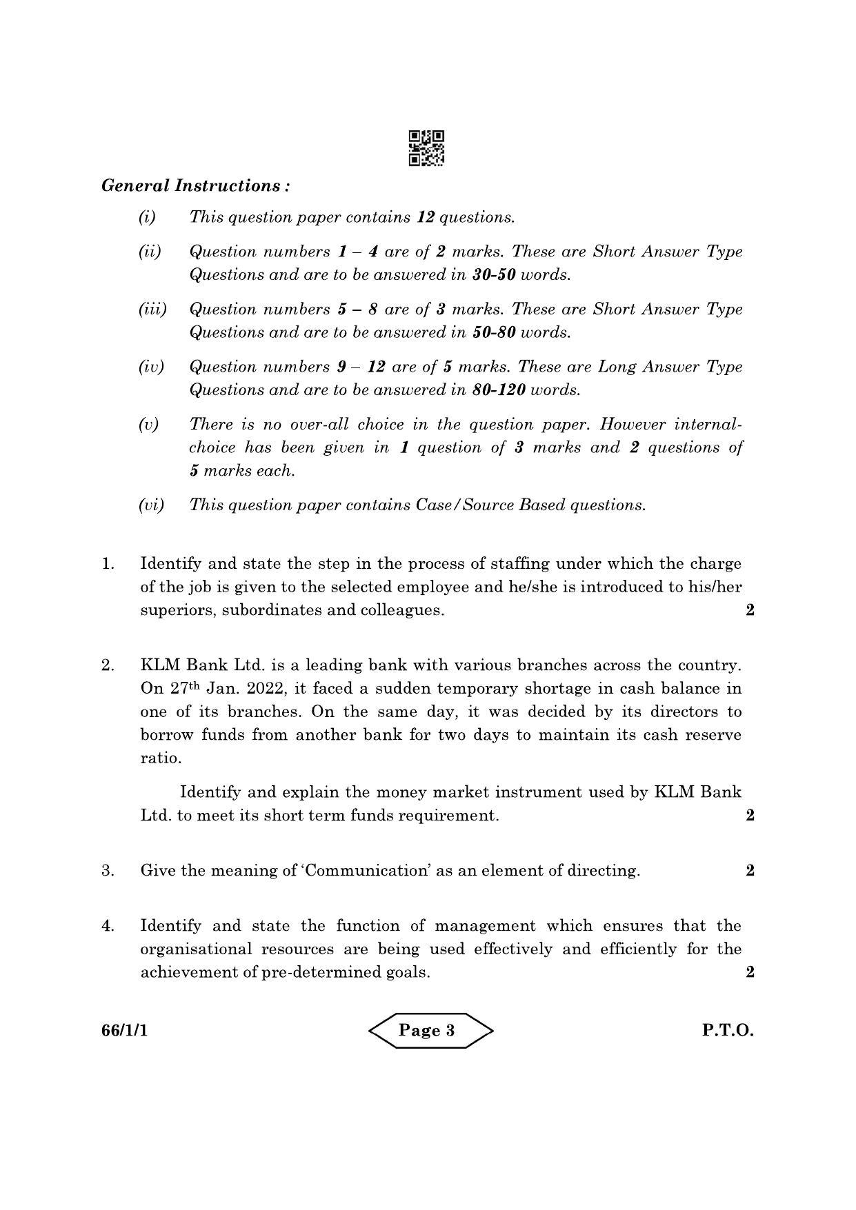 CBSE Class 12 66-1-1 Business Studies 2022 Question Paper - Page 3