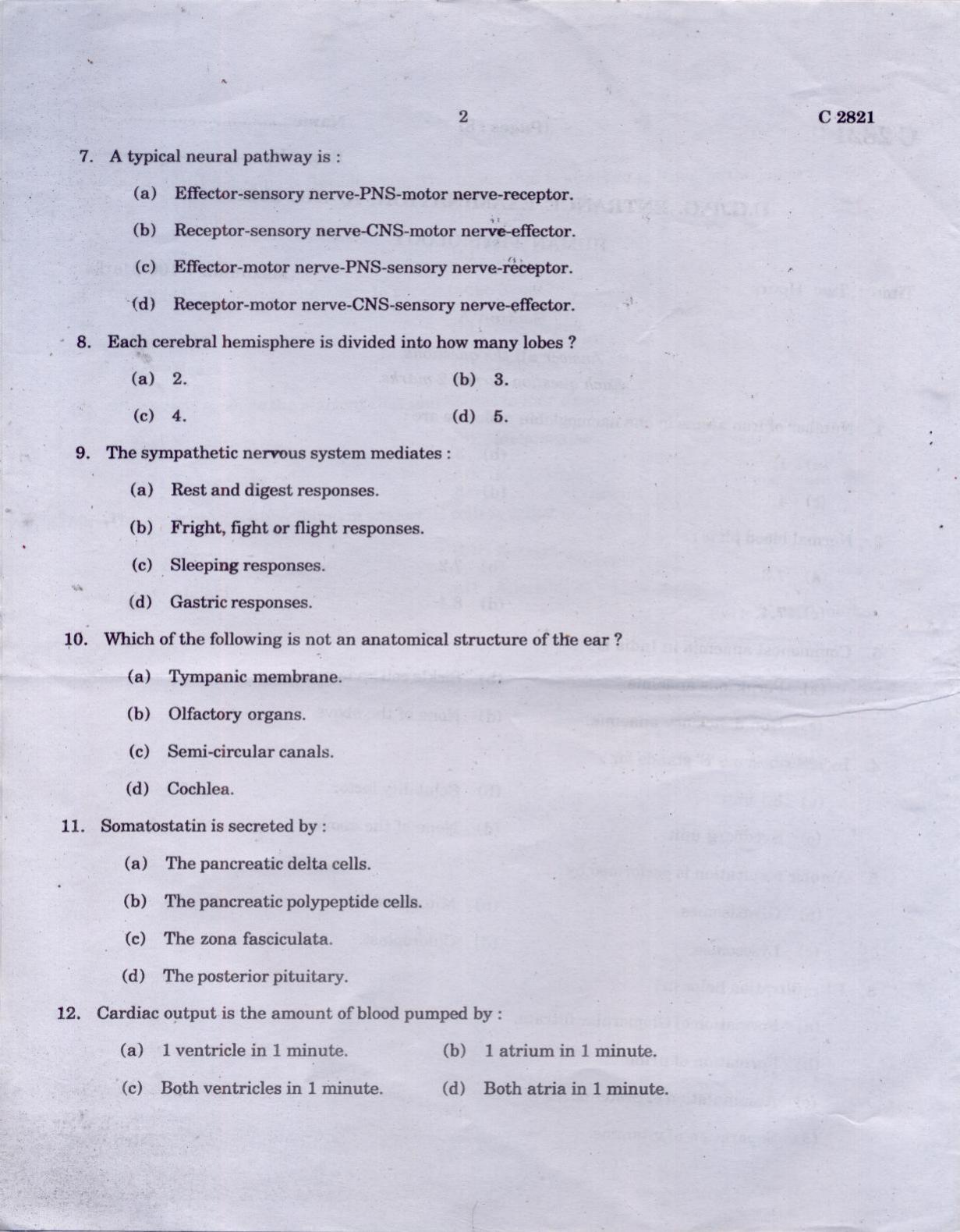 CUCAT 2021 M.Sc Human Physiology Question Paper - Page 2