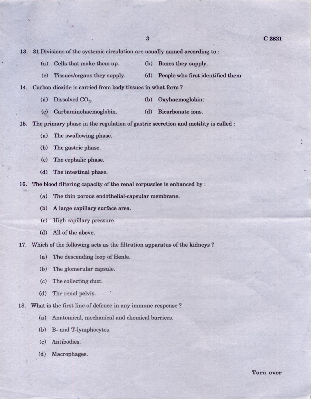 CUCAT 2021 M.Sc Human Physiology Question Paper - Page 3