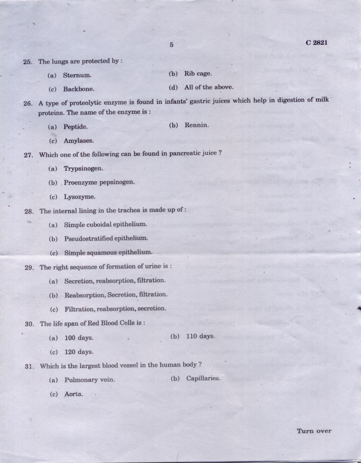 CUCAT 2021 M.Sc Human Physiology Question Paper - Page 5