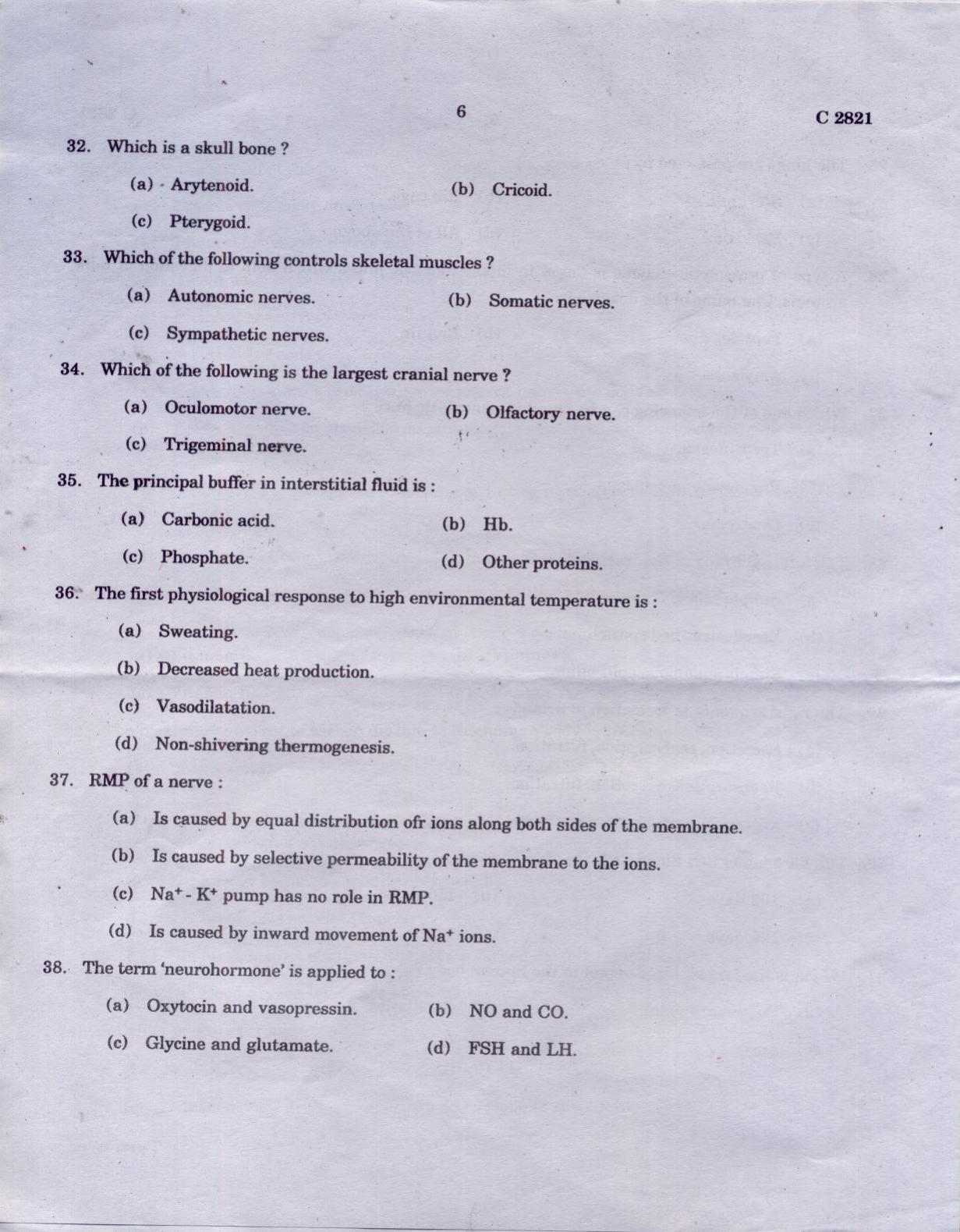 CUCAT 2021 M.Sc Human Physiology Question Paper - Page 6