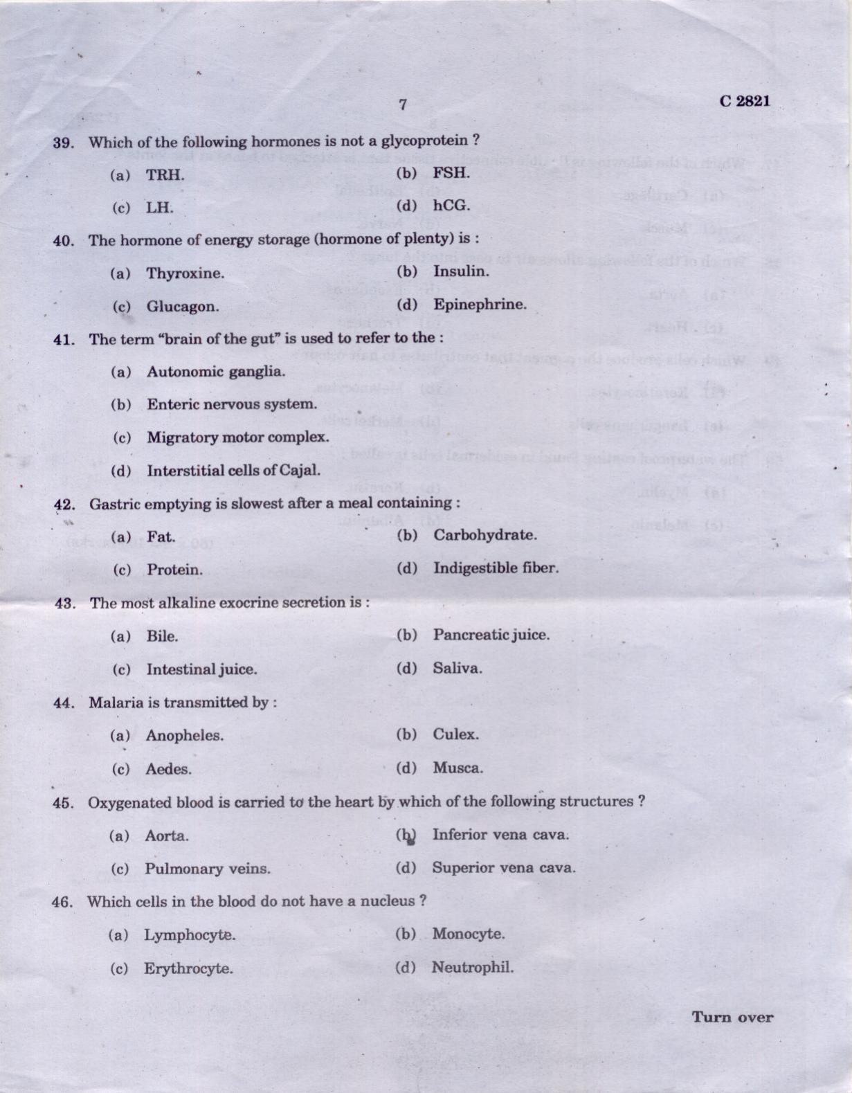 CUCAT 2021 M.Sc Human Physiology Question Paper - Page 7