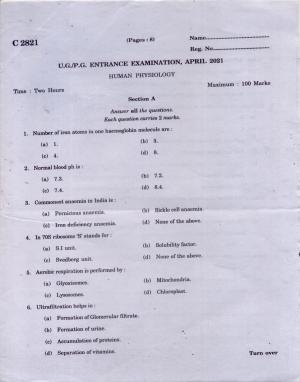 CUCAT 2021 M.Sc Human Physiology Question Paper
