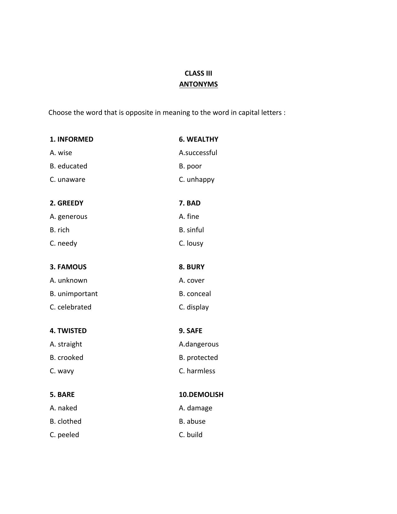 Worksheet for Class 3 English Antonyms Assignment - Page 1