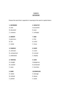 Worksheet for Class 3 English Antonyms Assignment