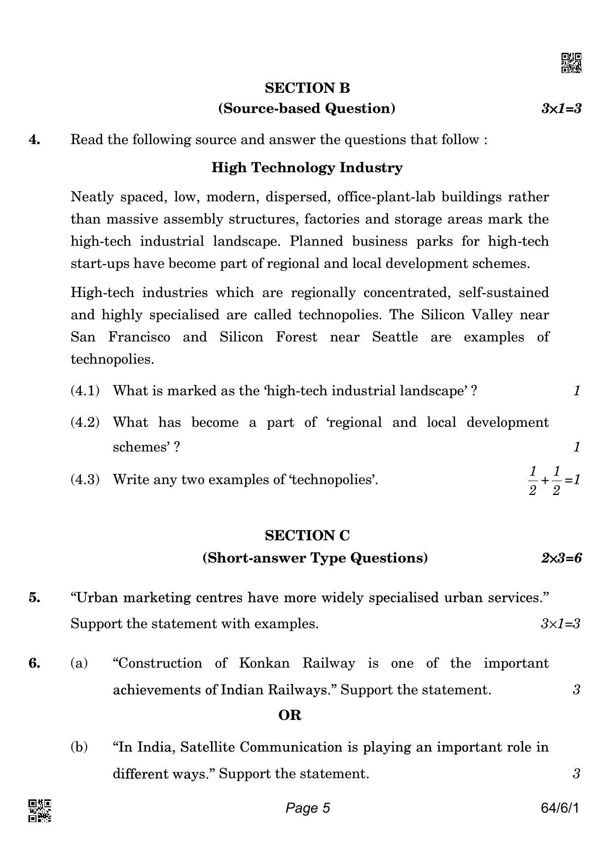 CBSE Class 12 64-6-1 GEOGRAPHY 2022 Compartment Question Paper - Page 5