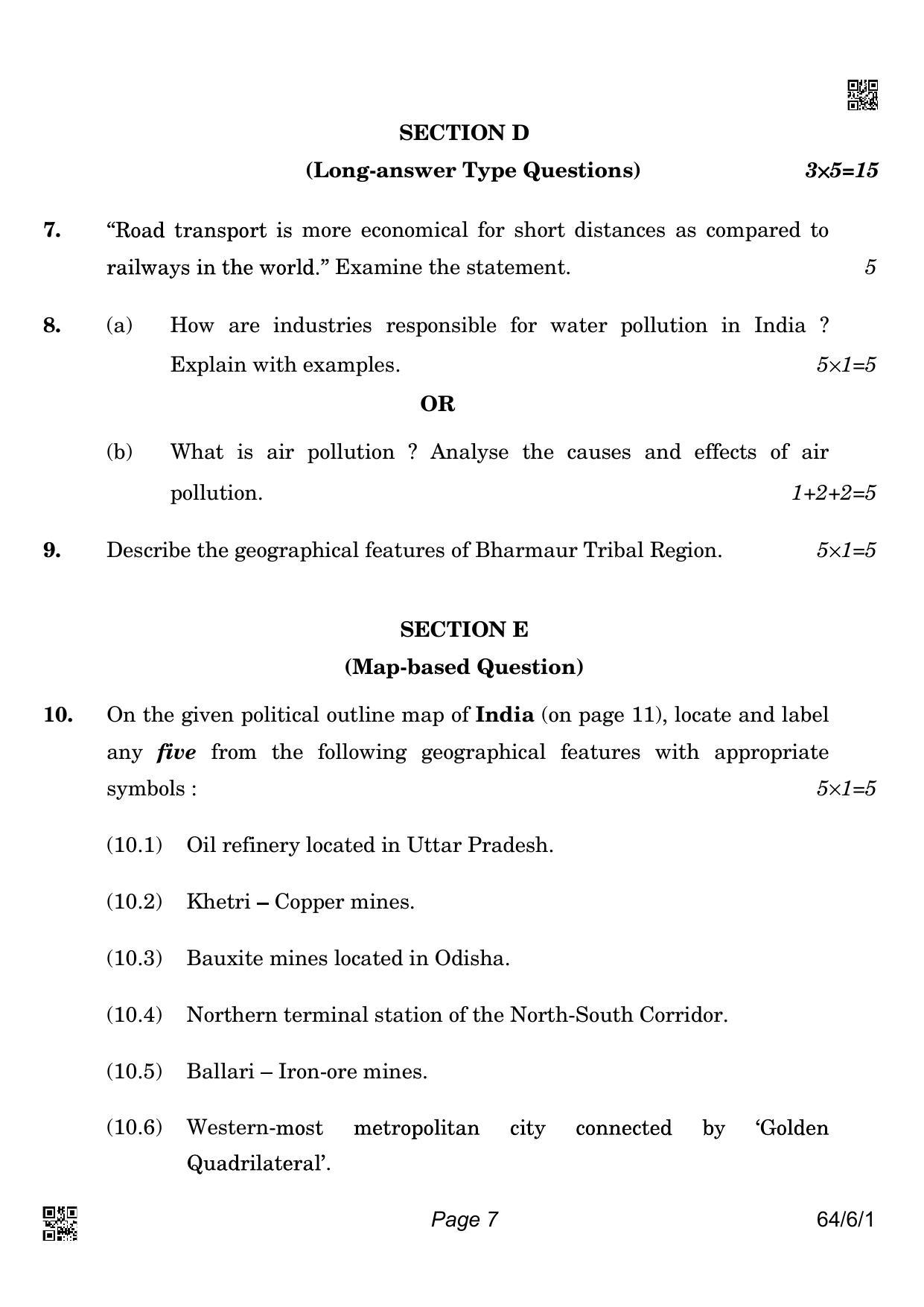 CBSE Class 12 64-6-1 GEOGRAPHY 2022 Compartment Question Paper - Page 7