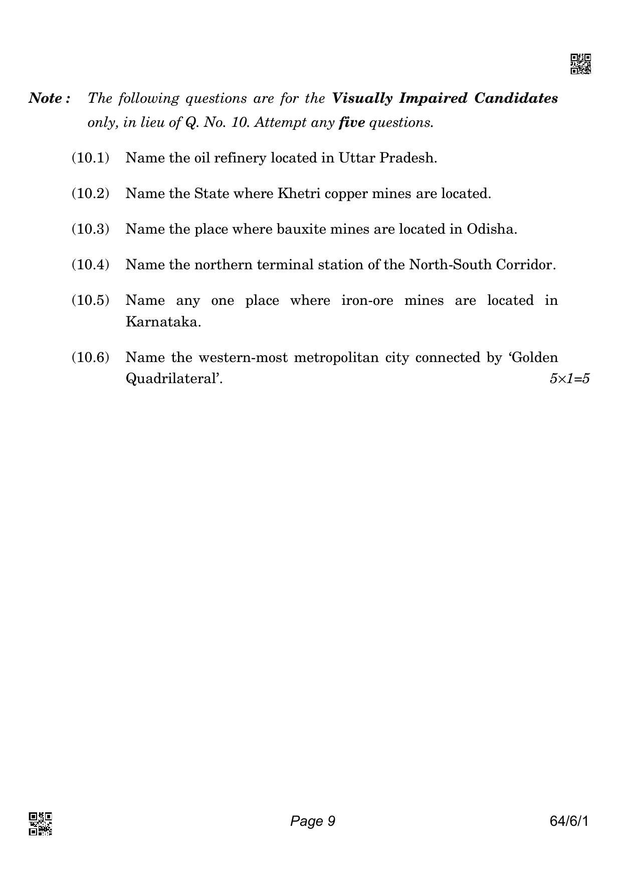 CBSE Class 12 64-6-1 GEOGRAPHY 2022 Compartment Question Paper - Page 9