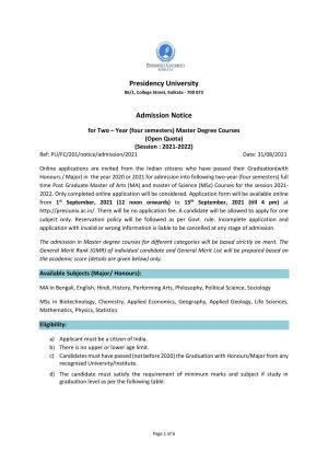Presidency University, Kolkata PG- Prospectus 2021-22