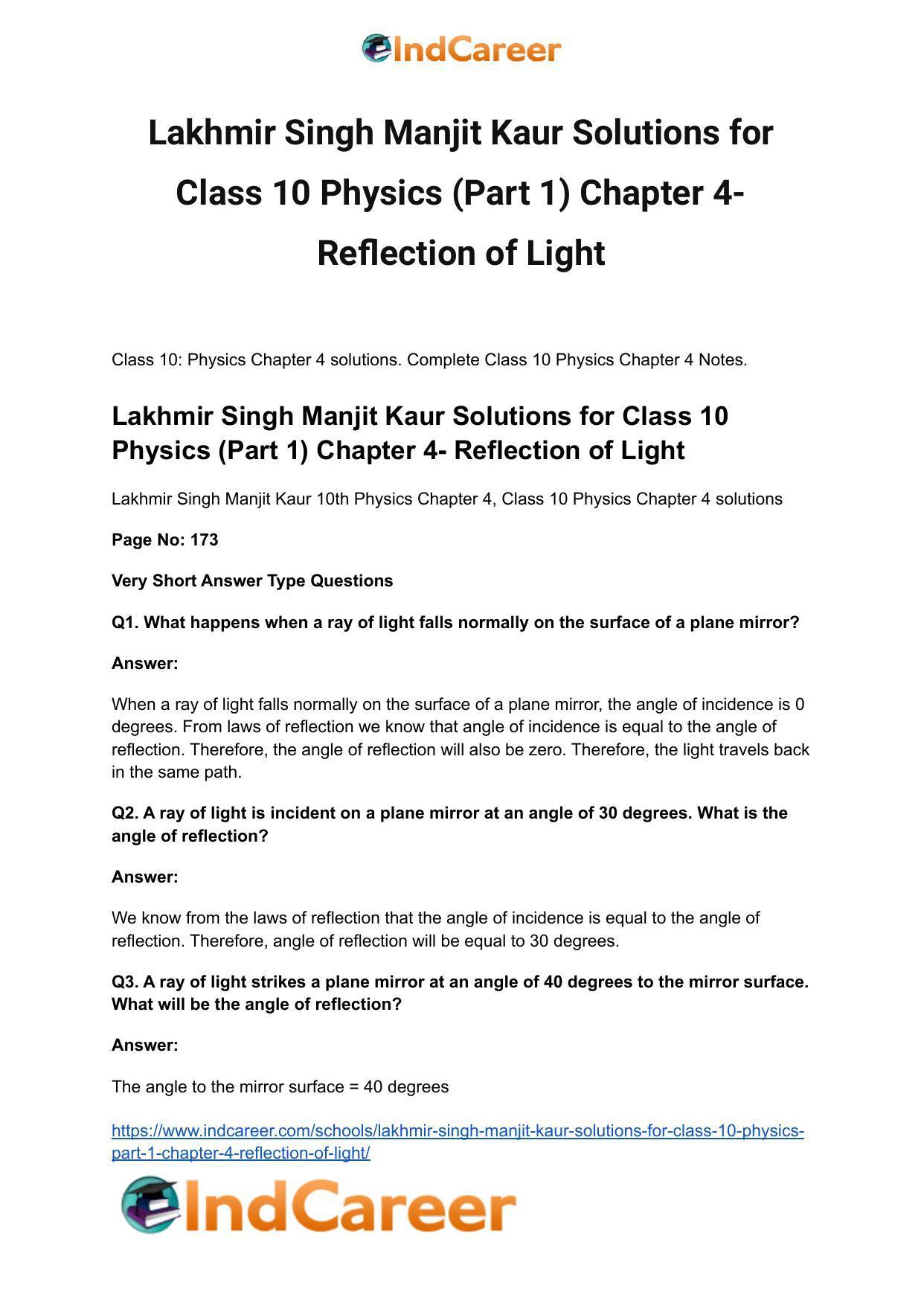 Lakhmir Singh Manjit Kaur Solutions for Class 10 Physics (Part 1) Chapter 4- Reflection of Light - Page 2