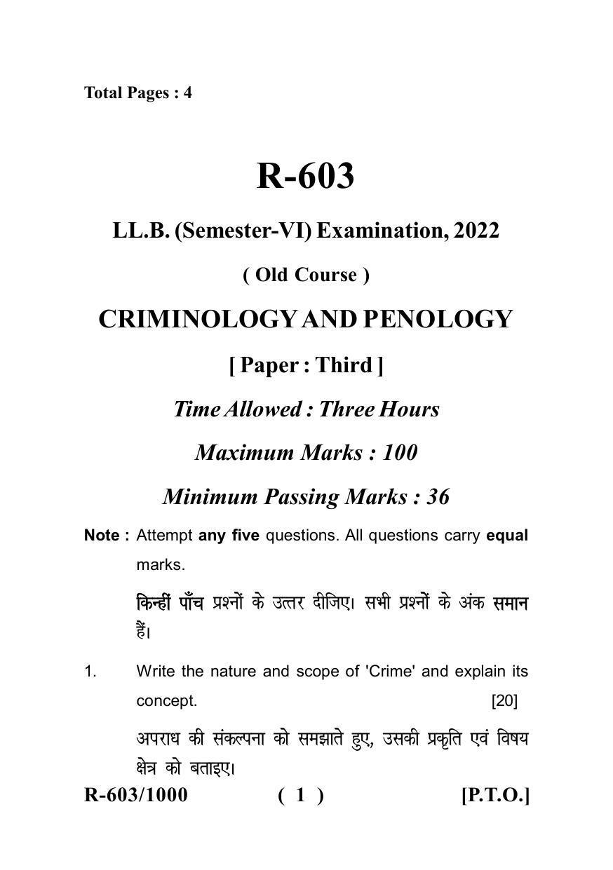 Sarguja University Question Paper July-2022 : LL.B.(Sem.-VI)(Old Course) Criminology & Penology Paper 1 - Page 1