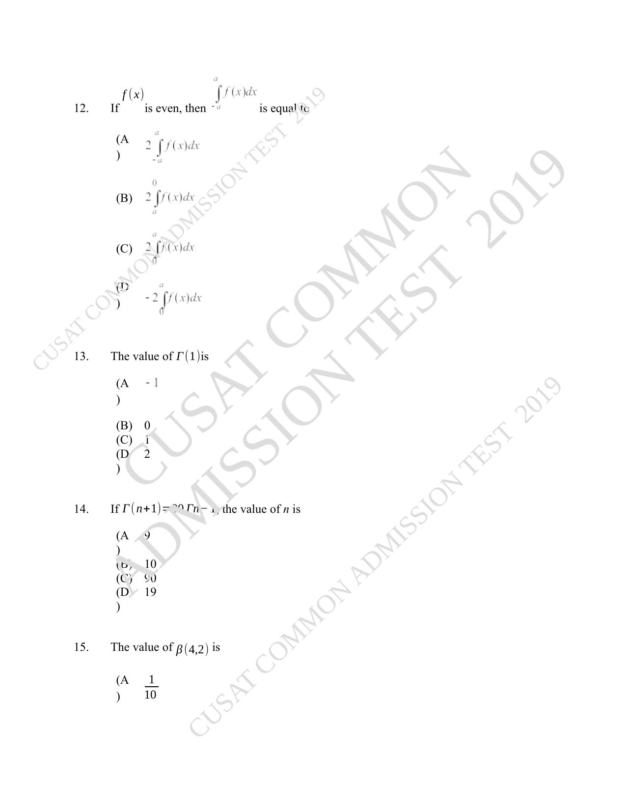 CUSAT CAT 2019 Msc Statistics Question Paper With Answer Key - Page 6