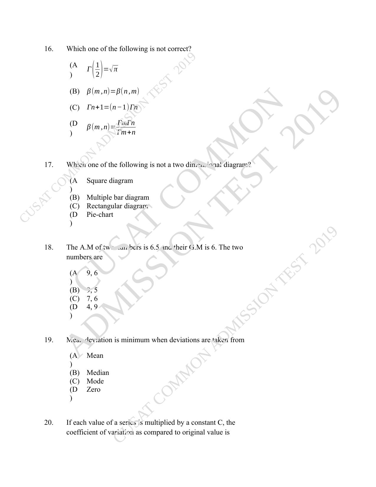 CUSAT CAT 2019 Msc Statistics Question Paper With Answer Key - Page 8