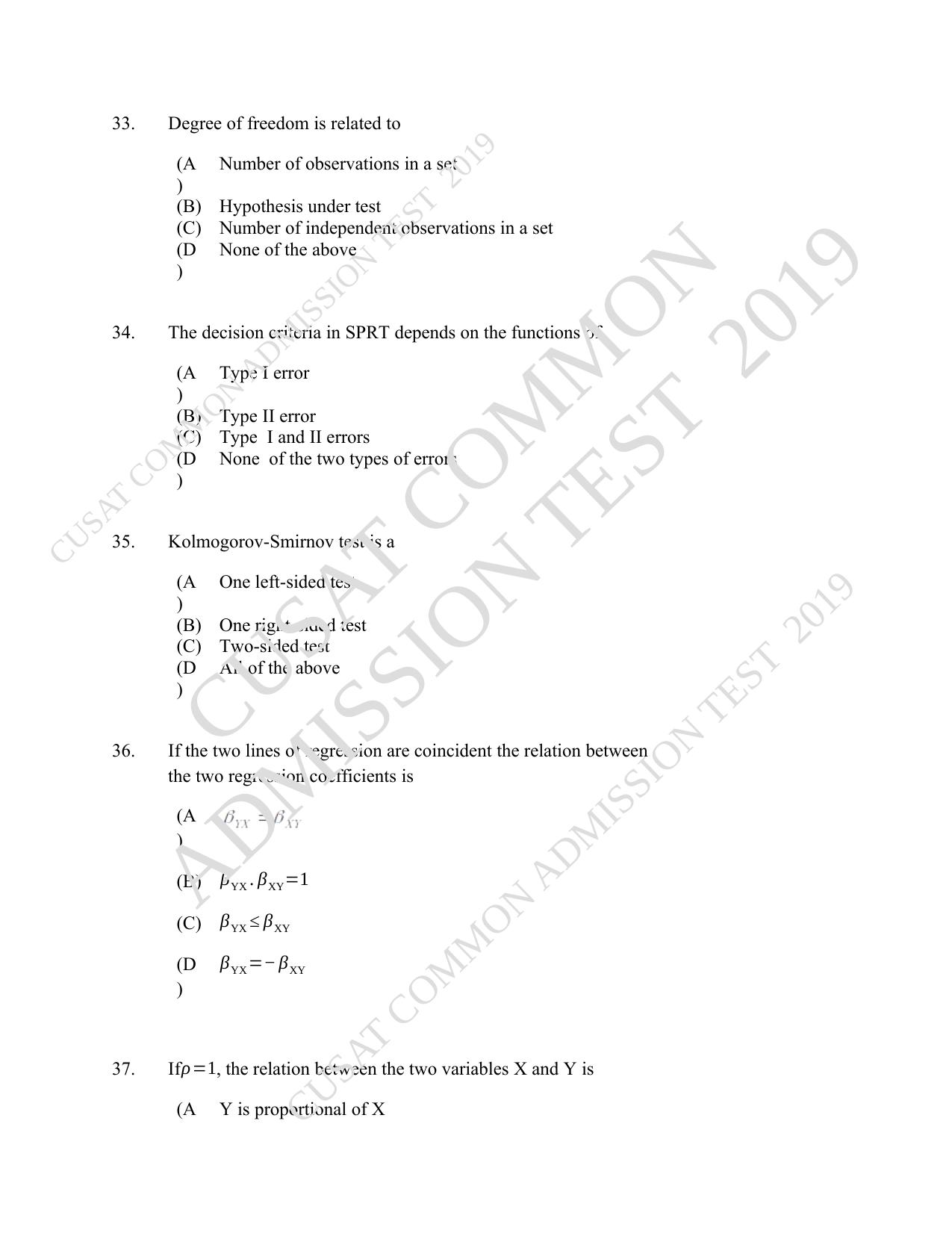 CUSAT CAT 2019 Msc Statistics Question Paper With Answer Key - Page 16