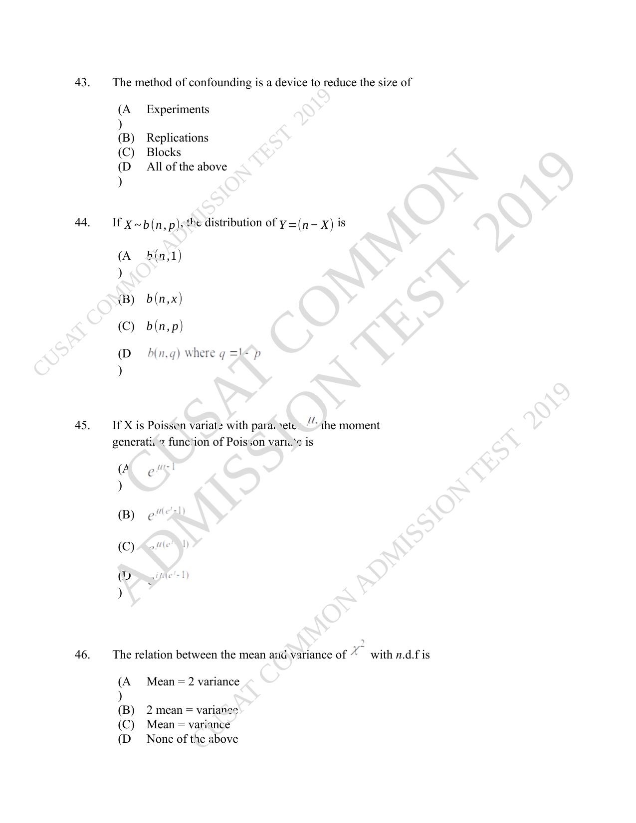 CUSAT CAT 2019 Msc Statistics Question Paper With Answer Key - Page 20