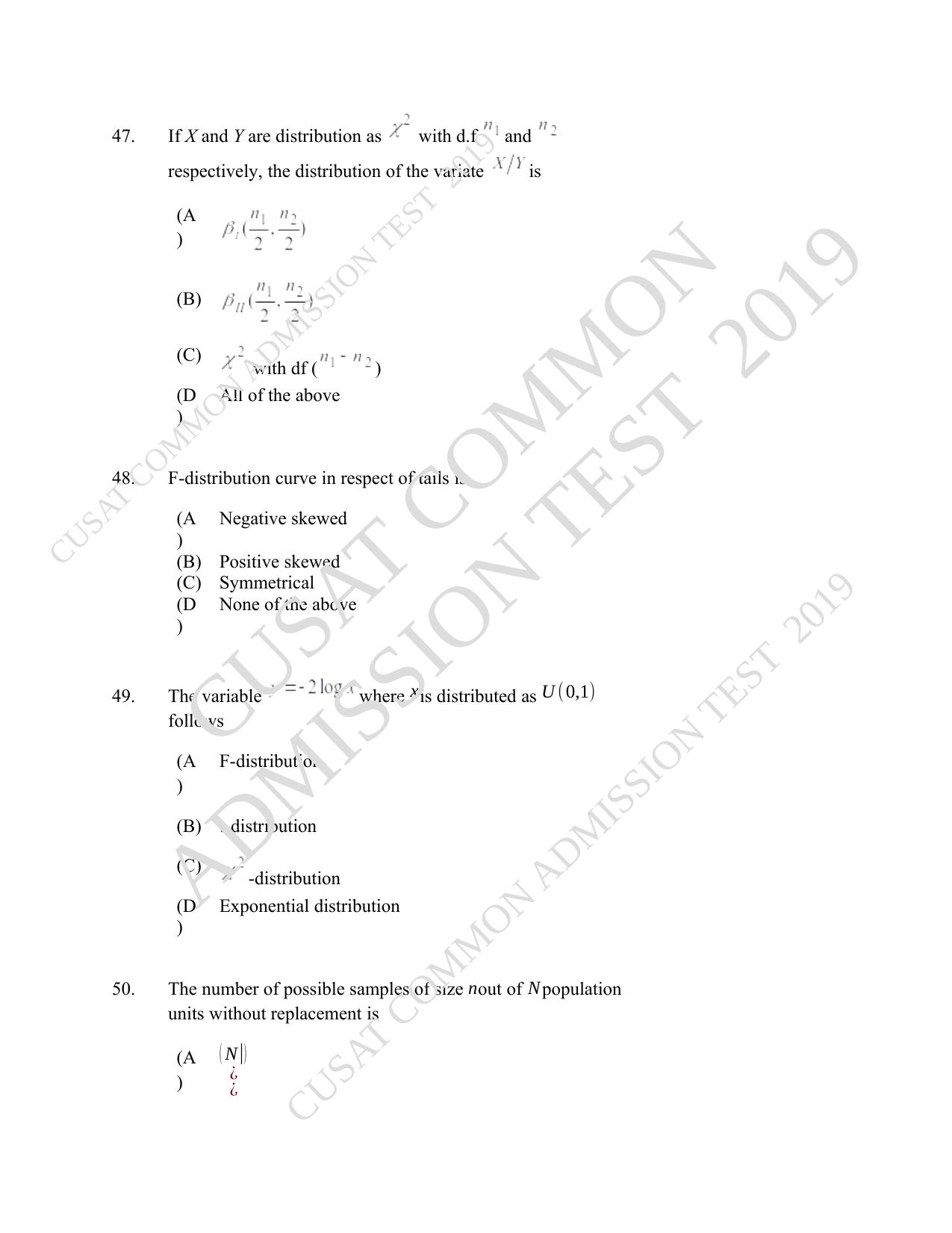 CUSAT CAT 2019 Msc Statistics Question Paper With Answer Key - Page 22