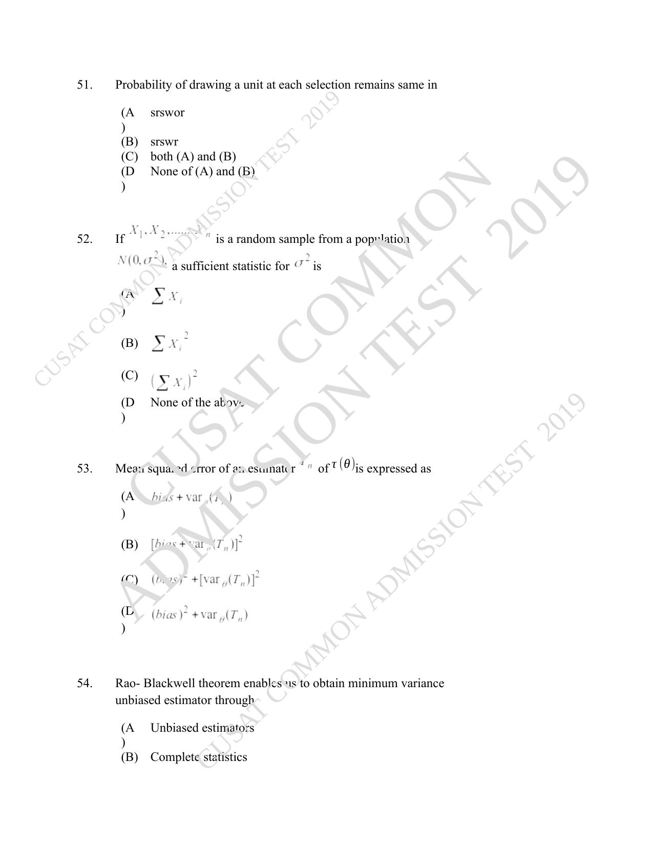 CUSAT CAT 2019 Msc Statistics Question Paper With Answer Key - Page 24