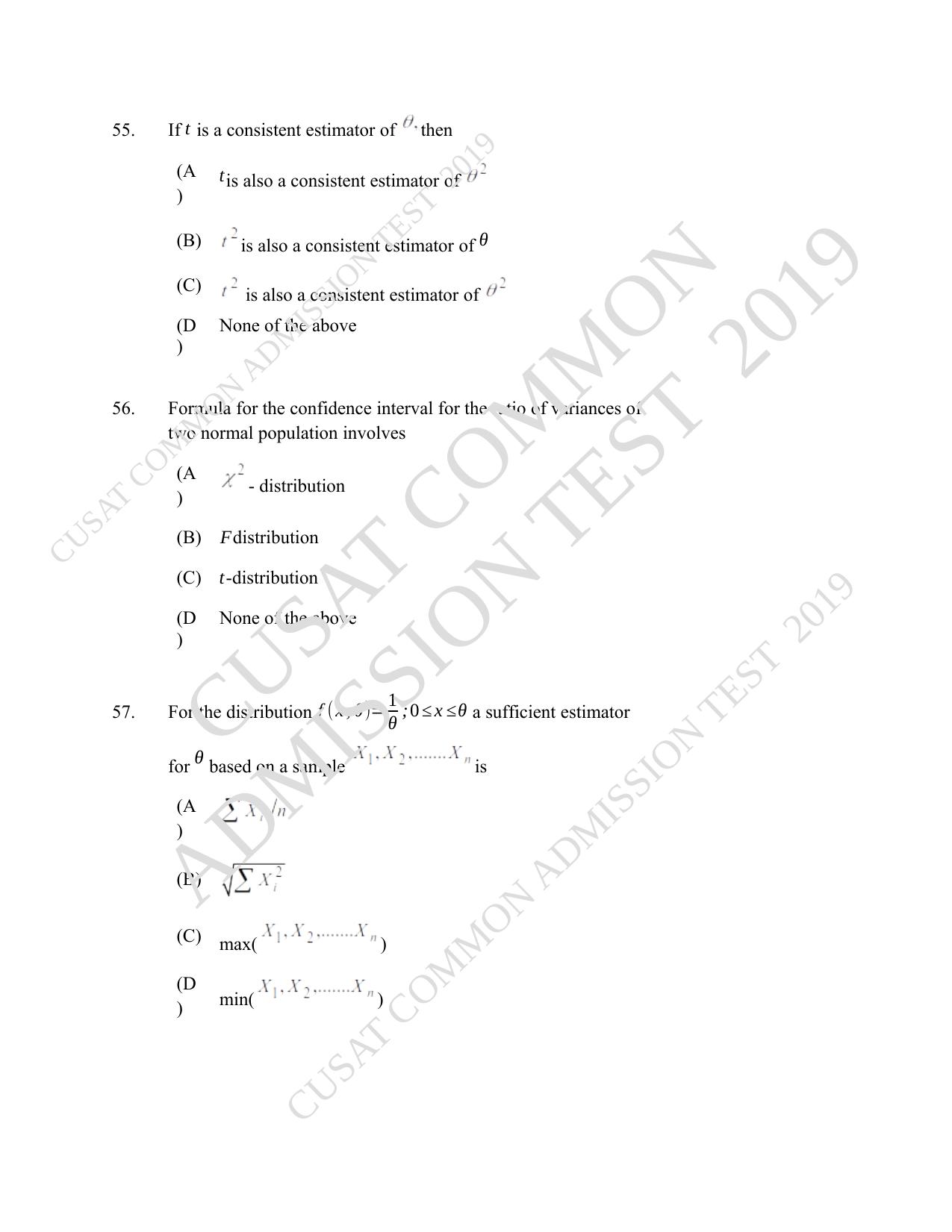 CUSAT CAT 2019 Msc Statistics Question Paper With Answer Key - Page 26