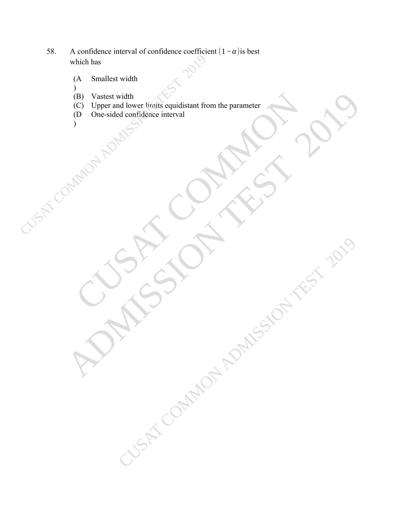 CUSAT CAT 2019 Msc Statistics Question Paper With Answer Key - Page 27