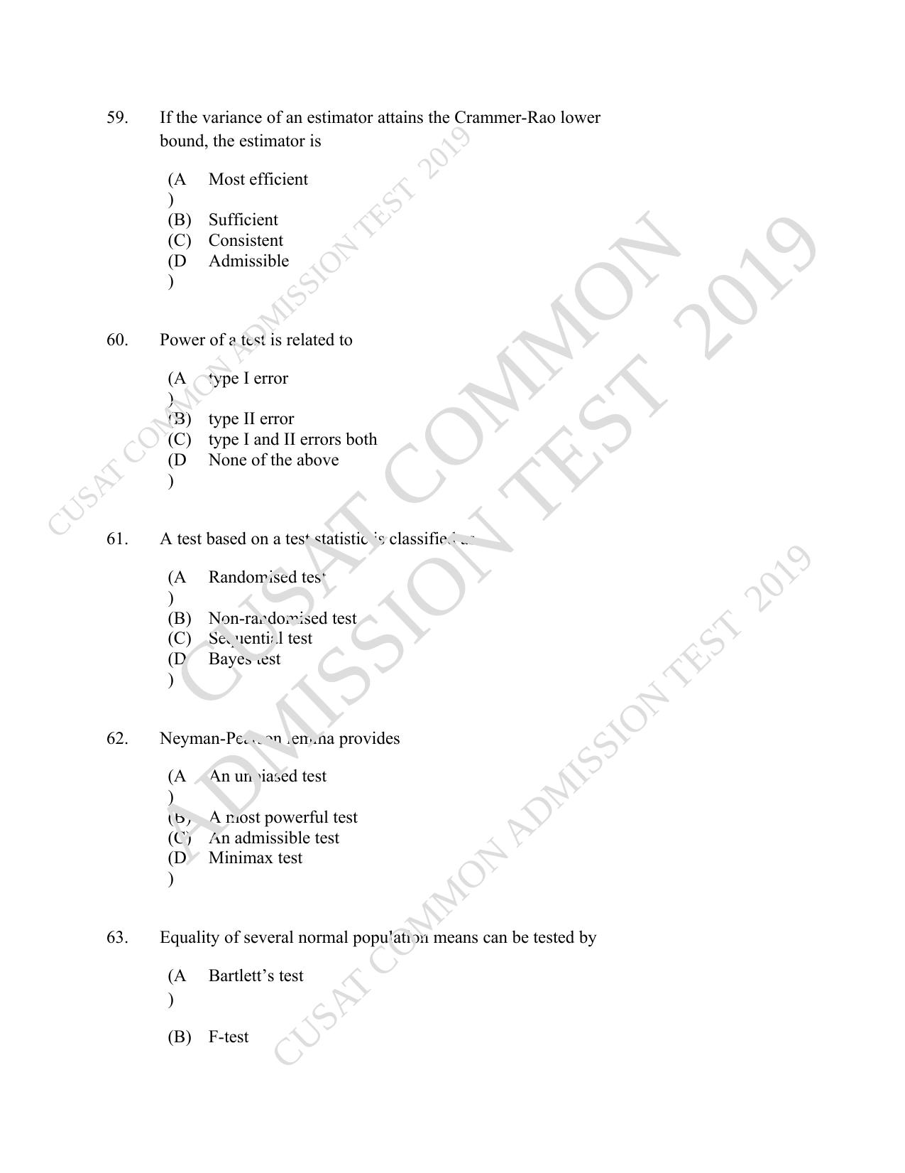 CUSAT CAT 2019 Msc Statistics Question Paper With Answer Key - Page 28