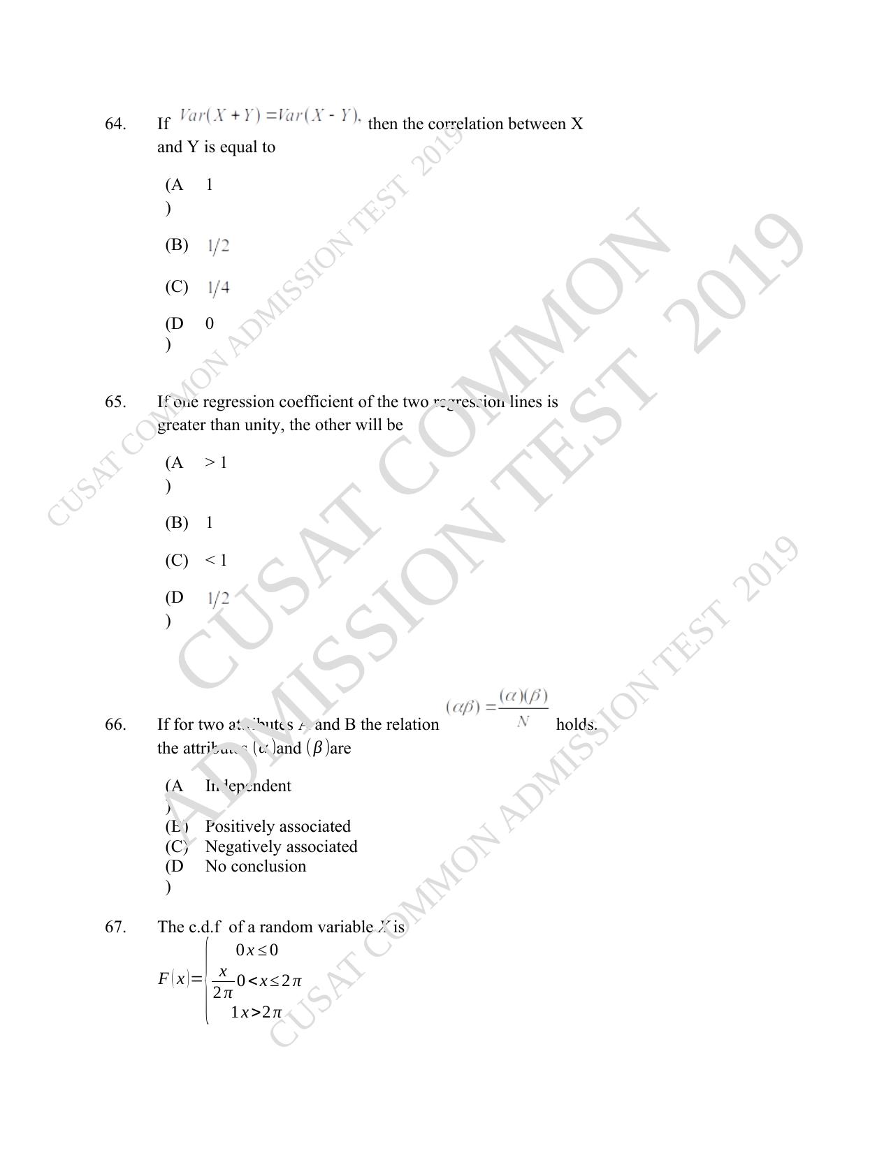 CUSAT CAT 2019 Msc Statistics Question Paper With Answer Key - Page 30
