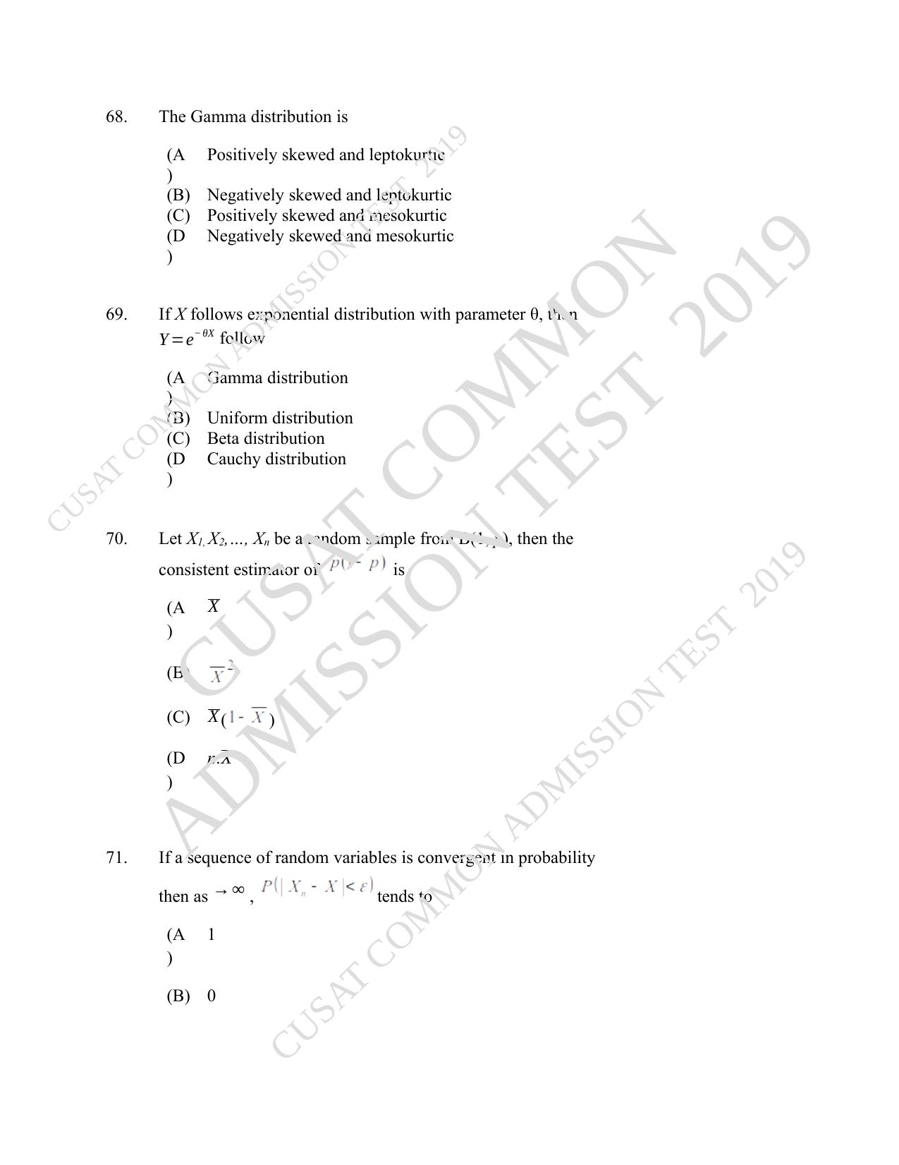 CUSAT CAT 2019 Msc Statistics Question Paper With Answer Key - Page 32