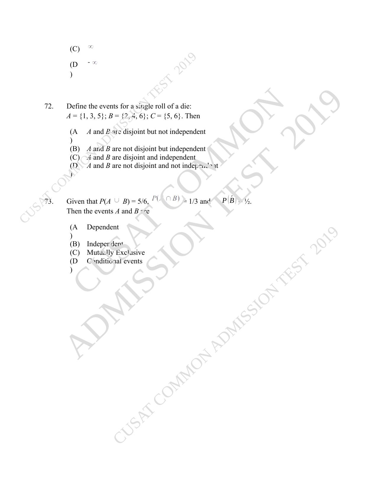 CUSAT CAT 2019 Msc Statistics Question Paper With Answer Key - Page 33