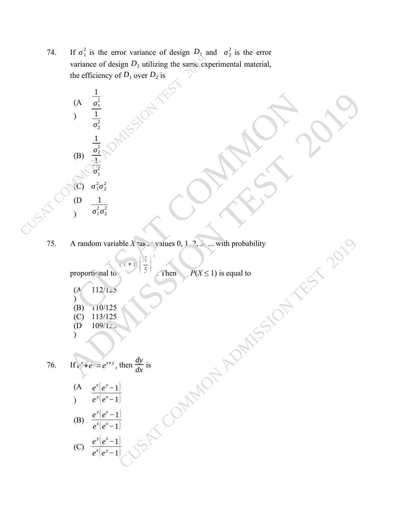CUSAT CAT 2019 Msc Statistics Question Paper With Answer Key - Page 34