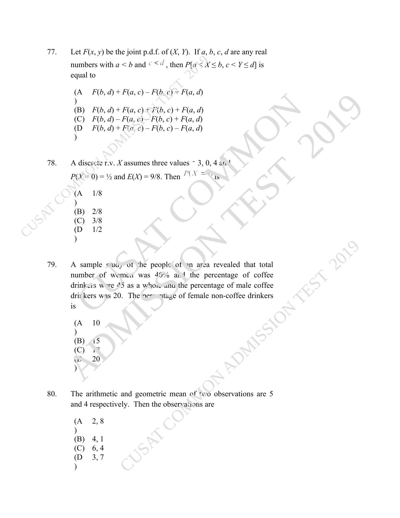 CUSAT CAT 2019 Msc Statistics Question Paper With Answer Key - Page 36