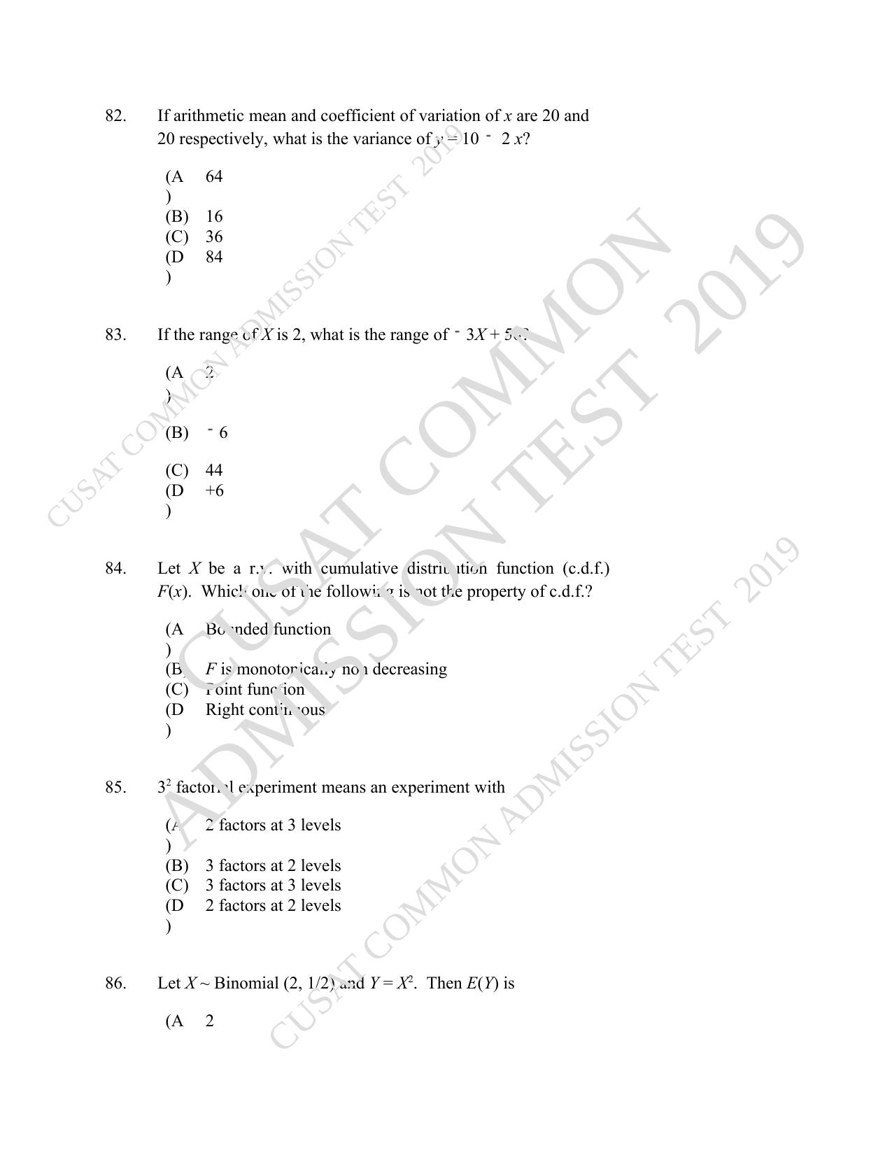 CUSAT CAT 2019 Msc Statistics Question Paper With Answer Key - Page 38