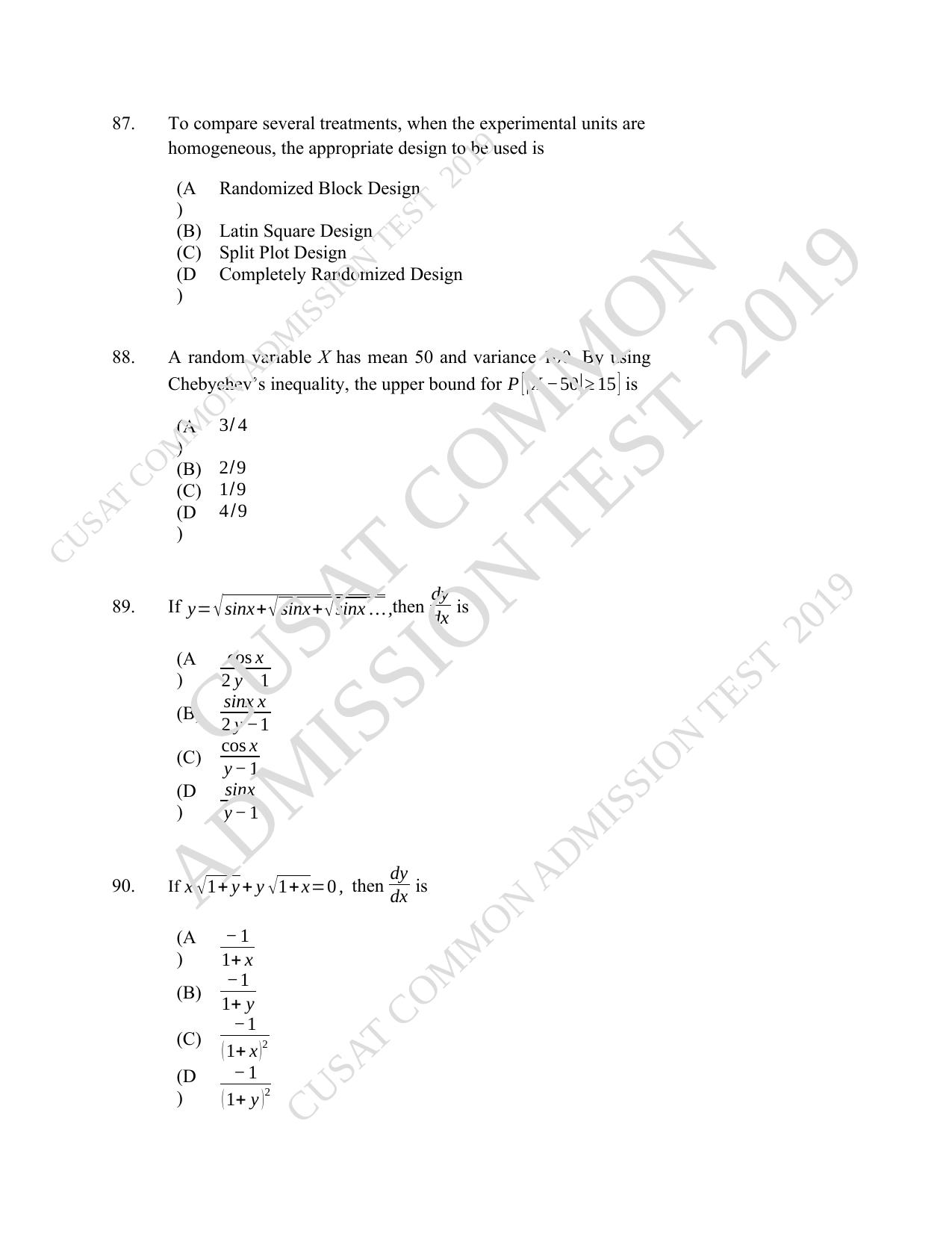 CUSAT CAT 2019 Msc Statistics Question Paper With Answer Key - Page 40