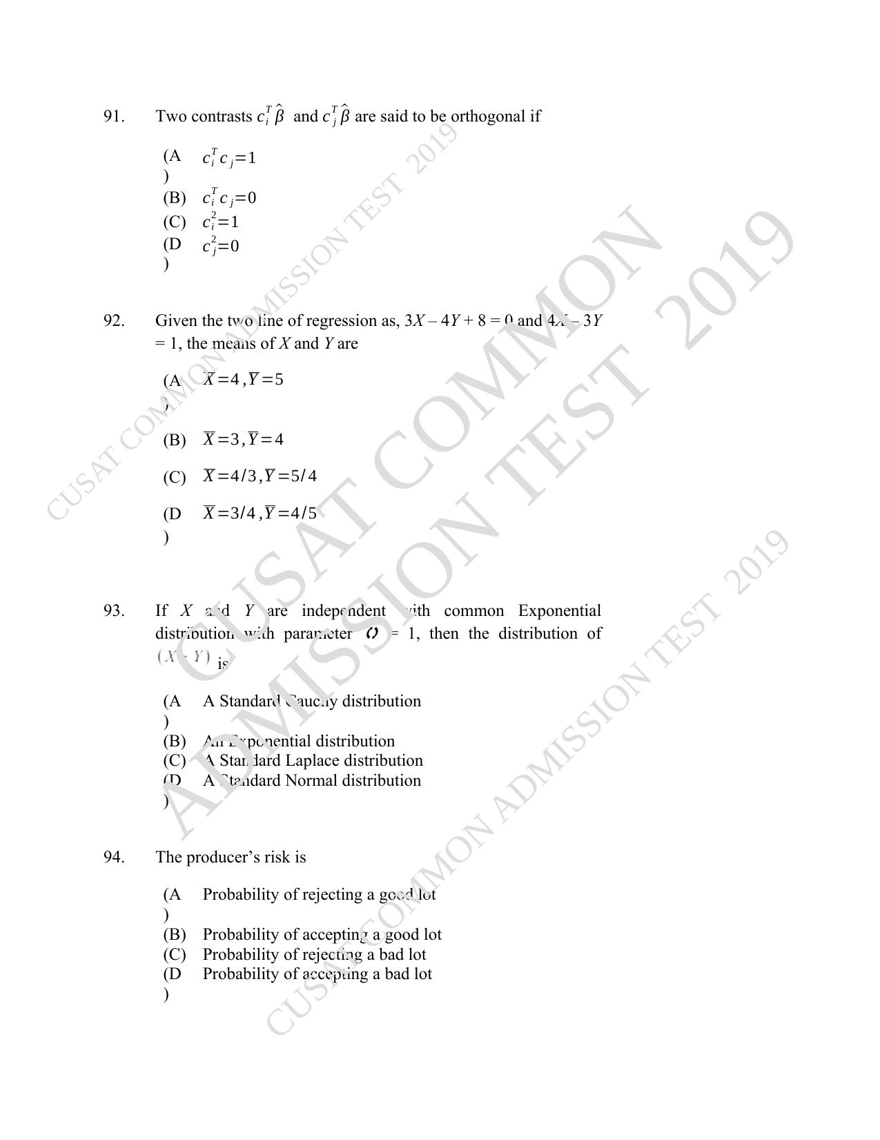 CUSAT CAT 2019 Msc Statistics Question Paper With Answer Key - Page 42