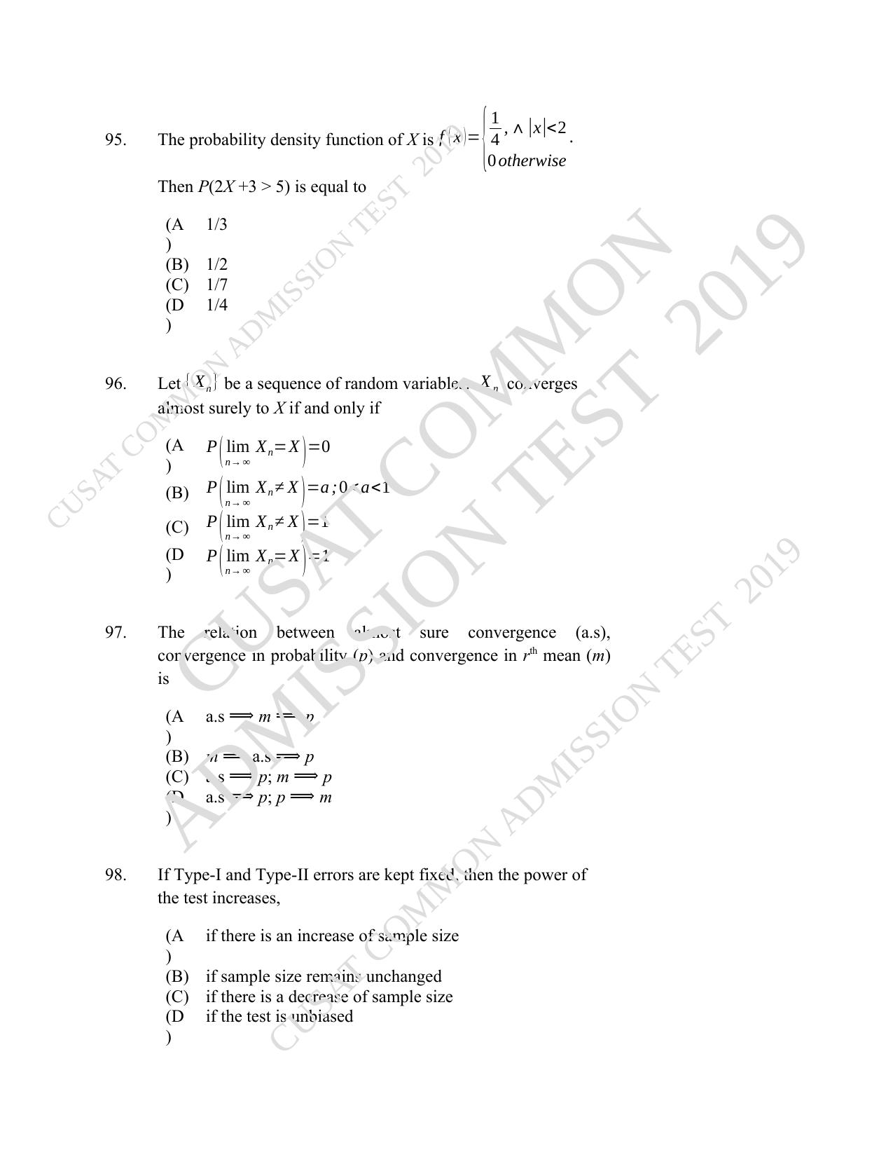 CUSAT CAT 2019 Msc Statistics Question Paper With Answer Key - Page 43