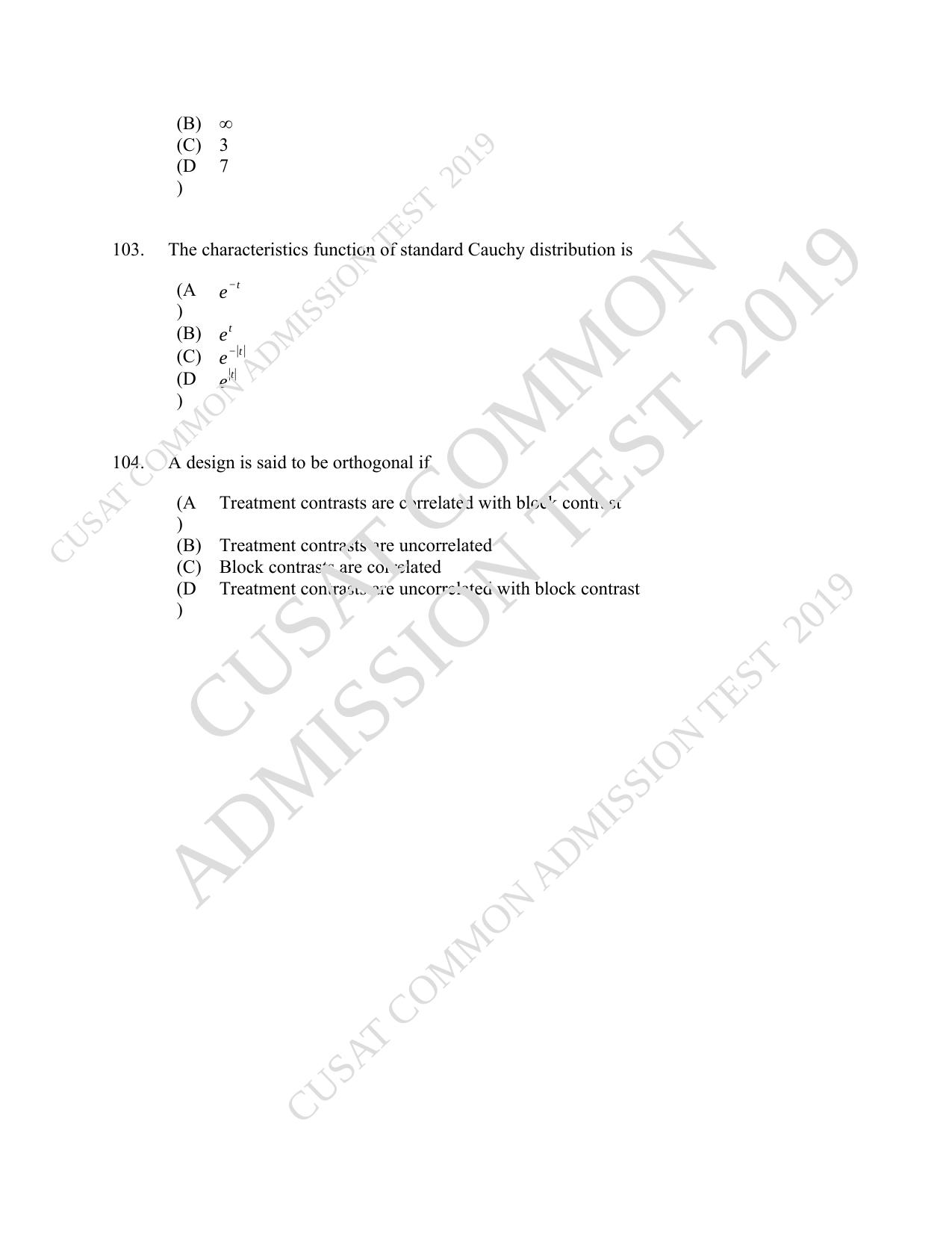 CUSAT CAT 2019 Msc Statistics Question Paper With Answer Key - Page 45