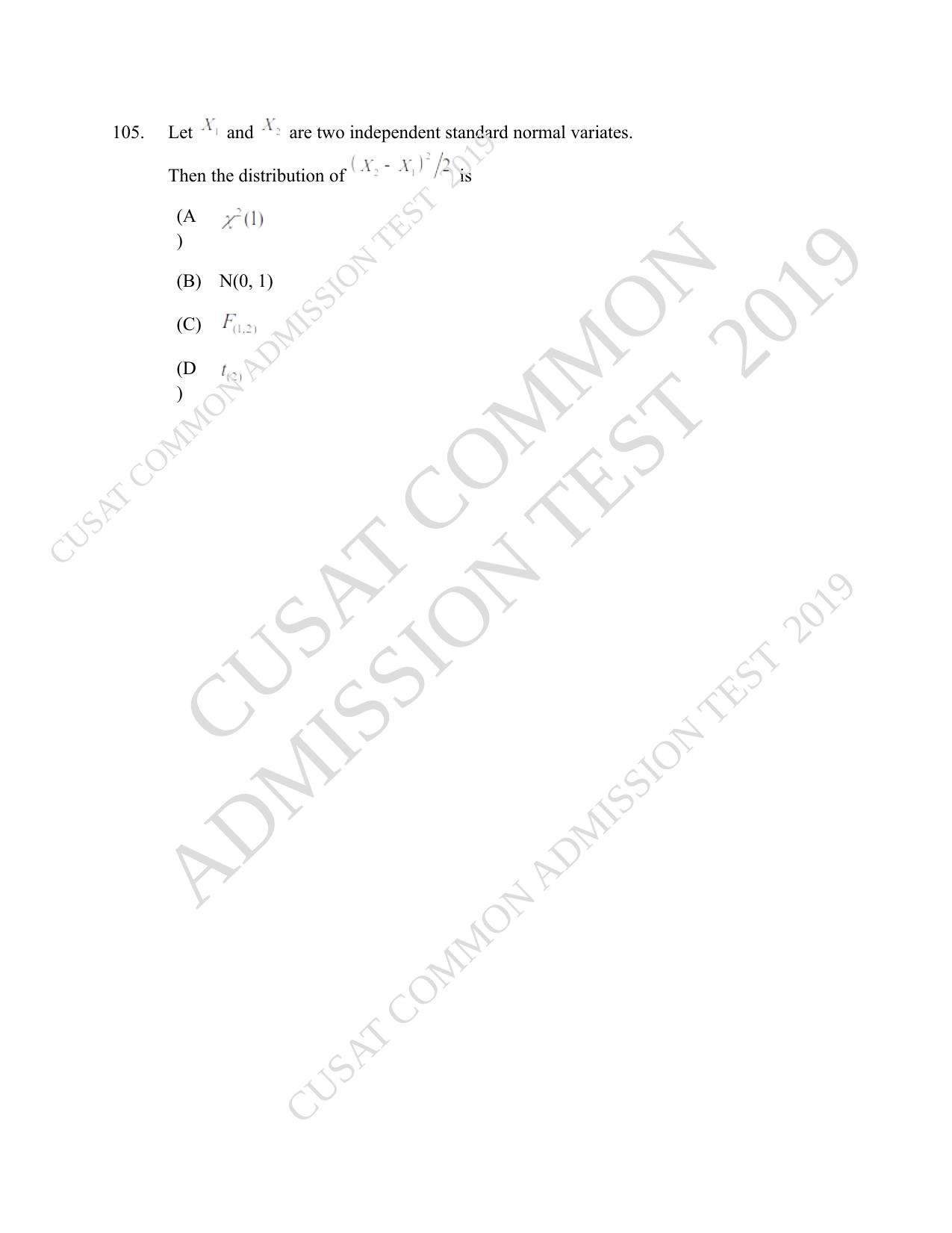 CUSAT CAT 2019 Msc Statistics Question Paper With Answer Key - Page 46