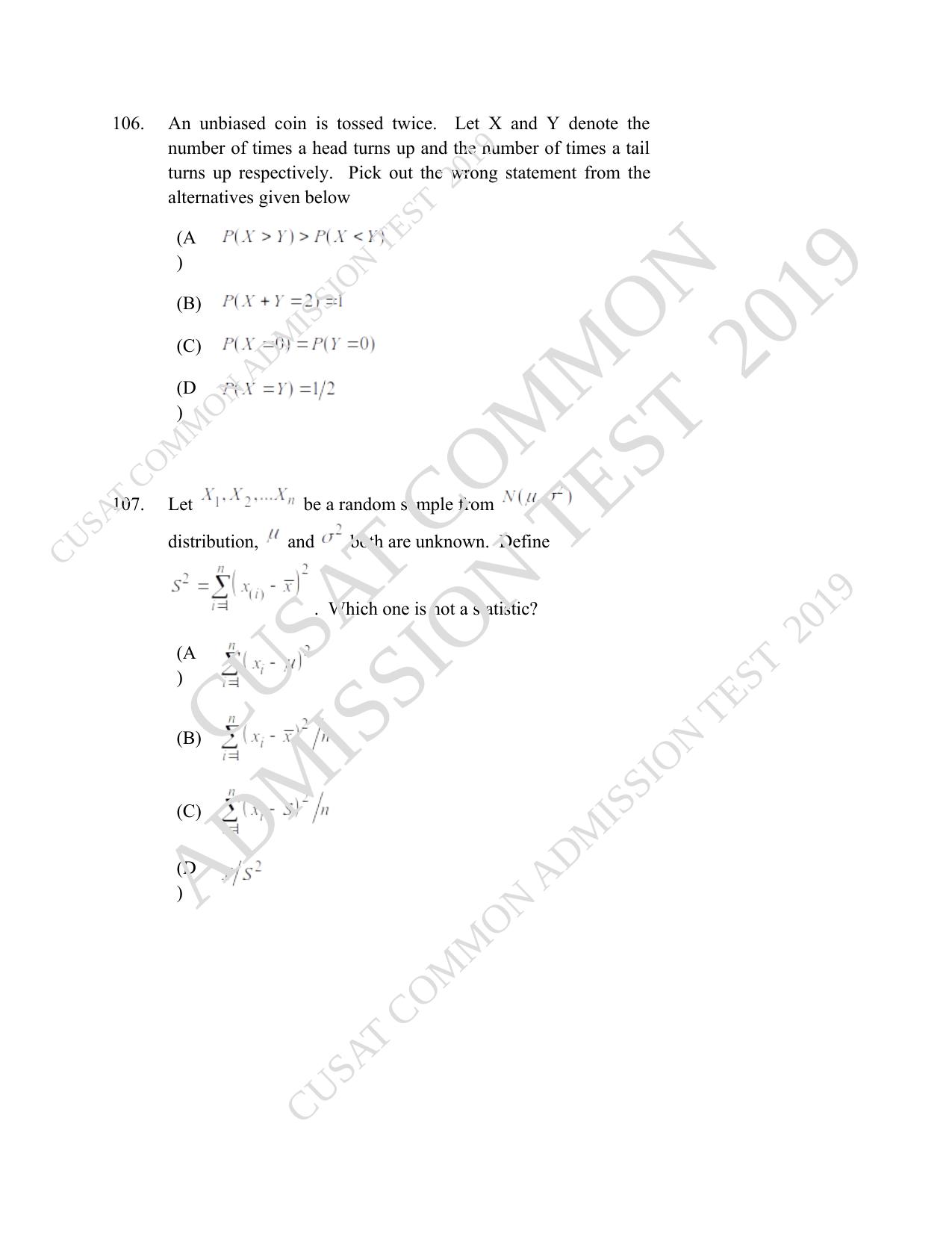 CUSAT CAT 2019 Msc Statistics Question Paper With Answer Key - Page 47
