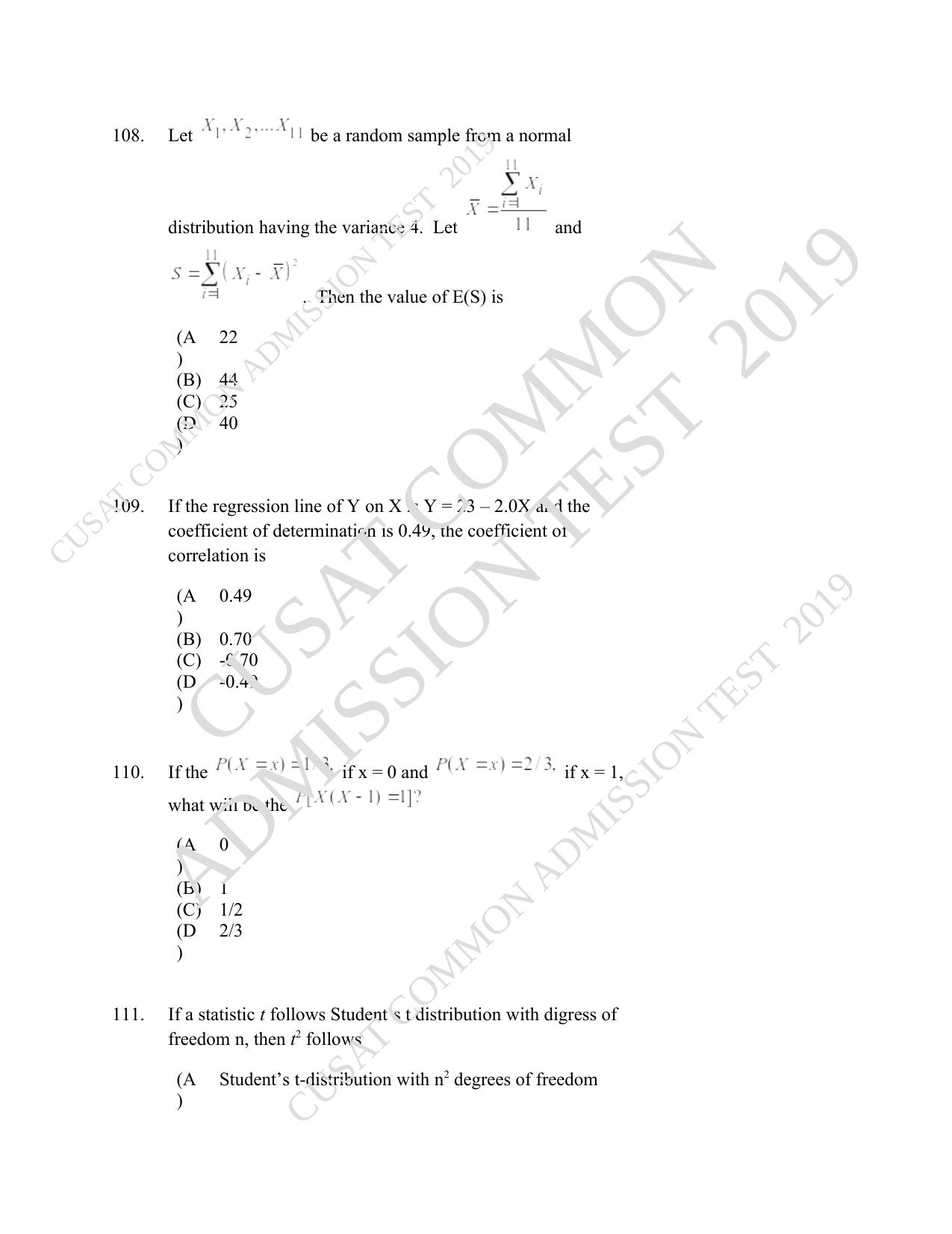 CUSAT CAT 2019 Msc Statistics Question Paper With Answer Key - Page 48