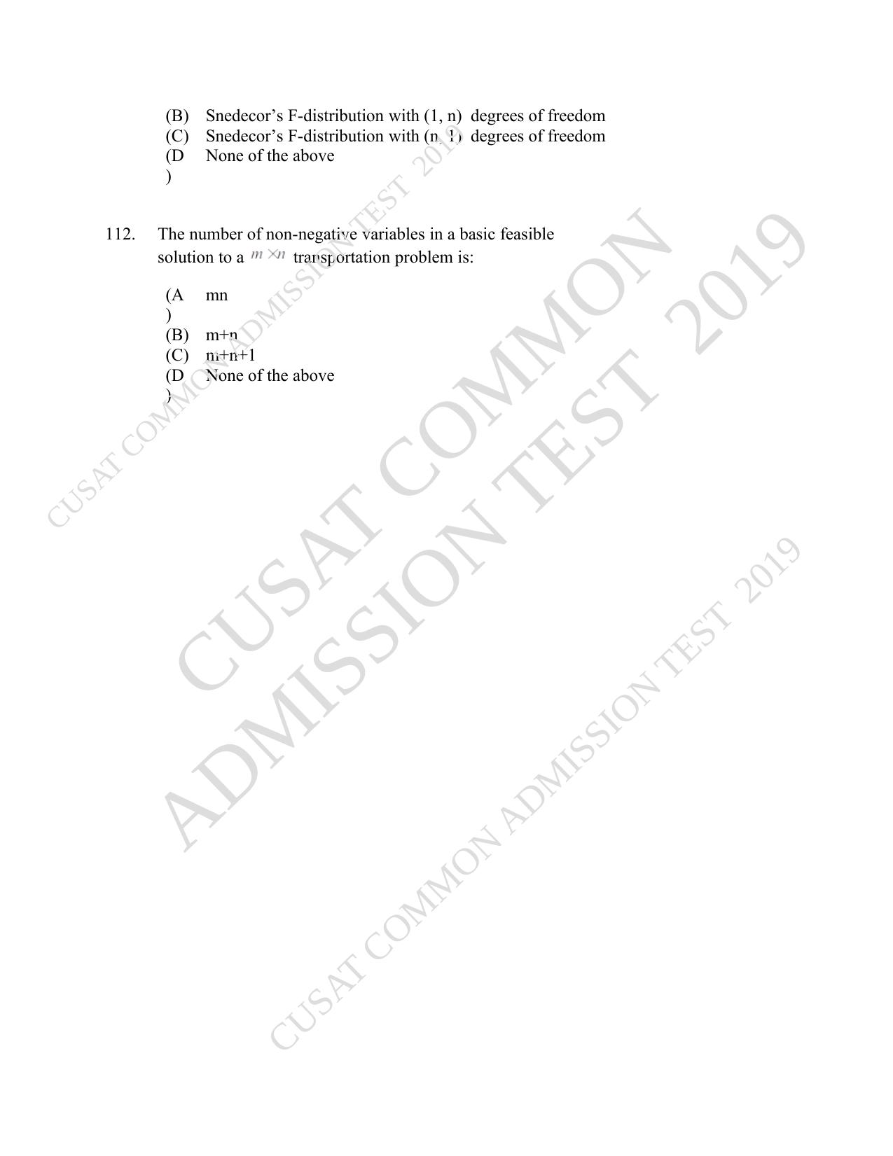 CUSAT CAT 2019 Msc Statistics Question Paper With Answer Key - Page 49