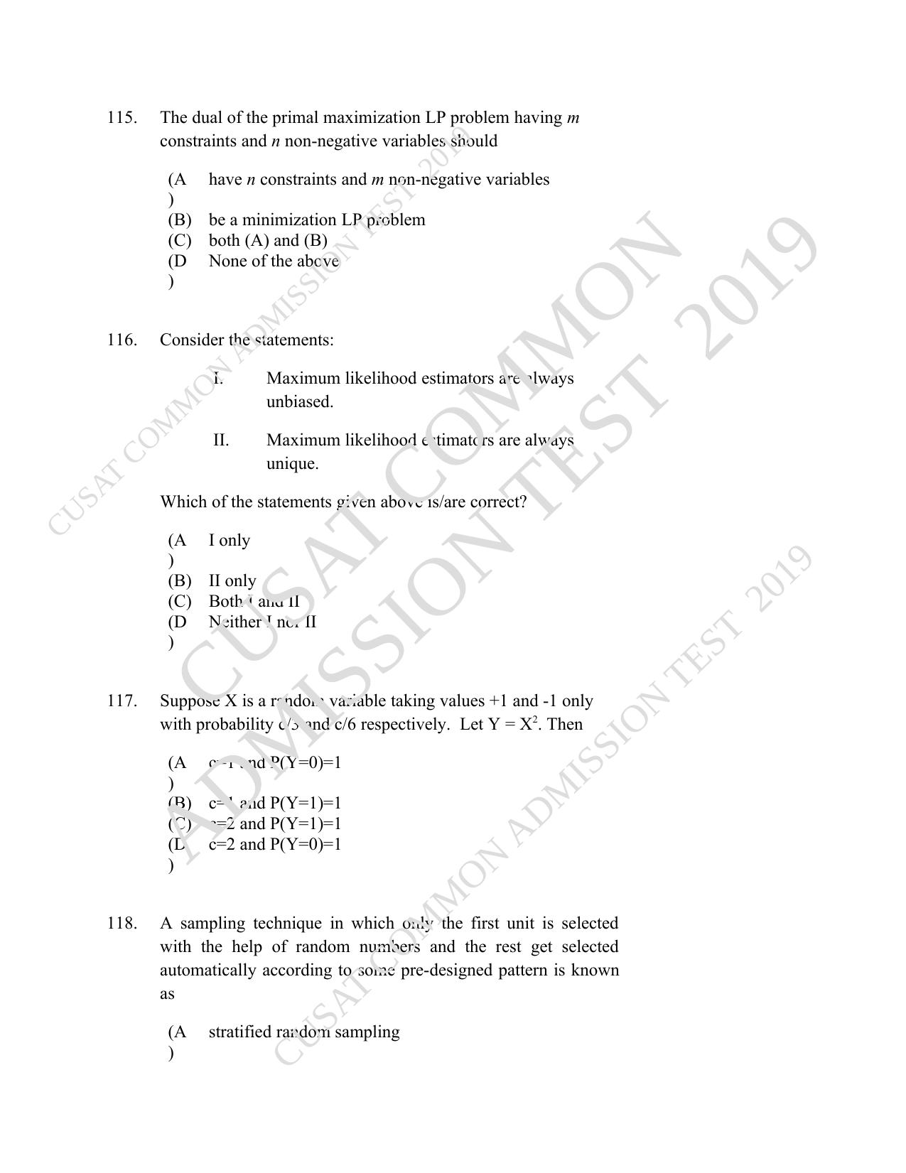CUSAT CAT 2019 Msc Statistics Question Paper With Answer Key - Page 51