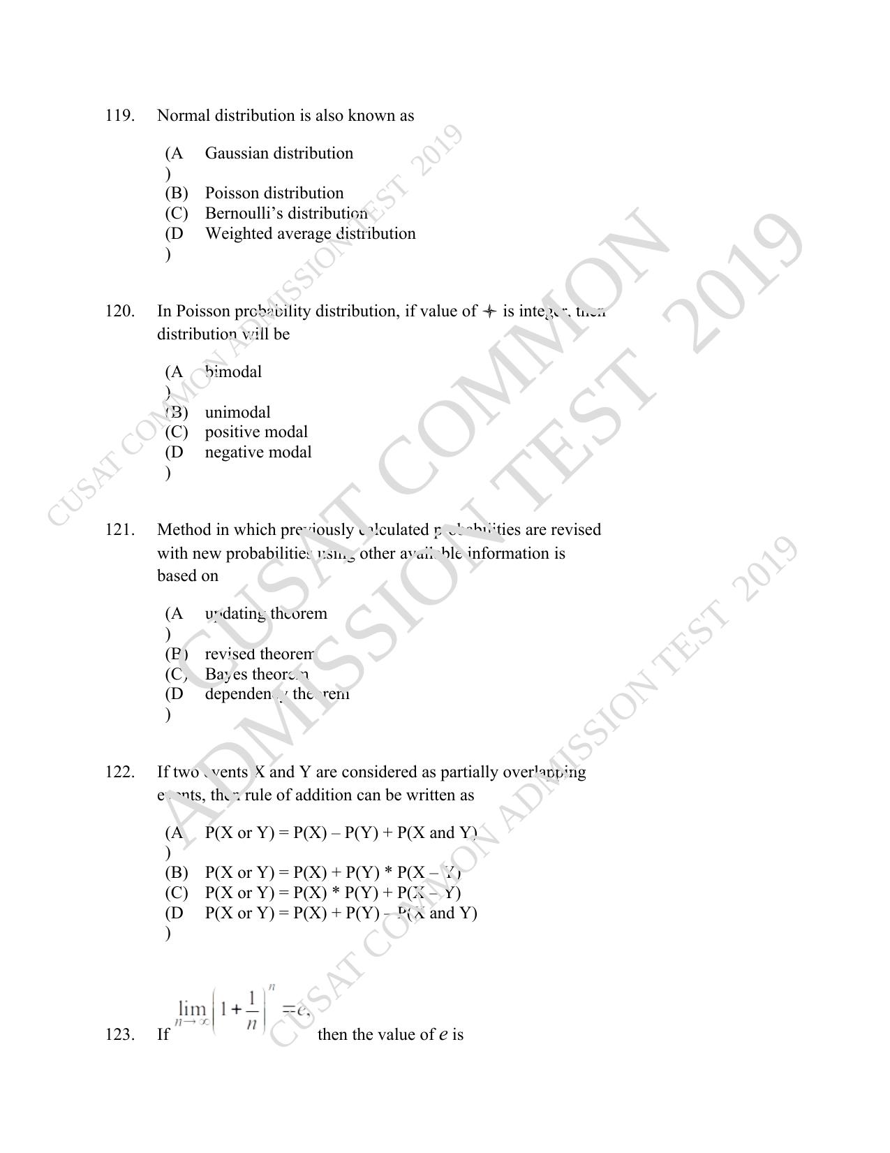 CUSAT CAT 2019 Msc Statistics Question Paper With Answer Key - Page 53
