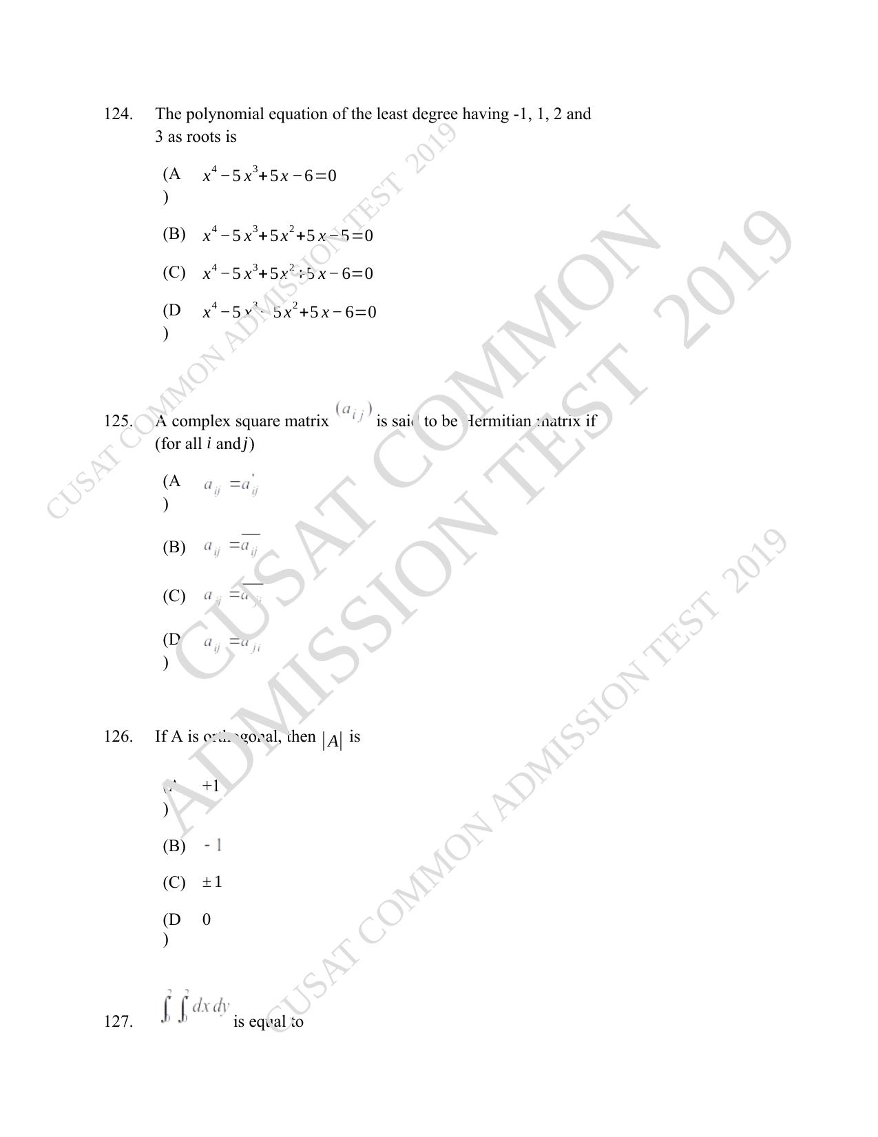 CUSAT CAT 2019 Msc Statistics Question Paper With Answer Key - Page 55