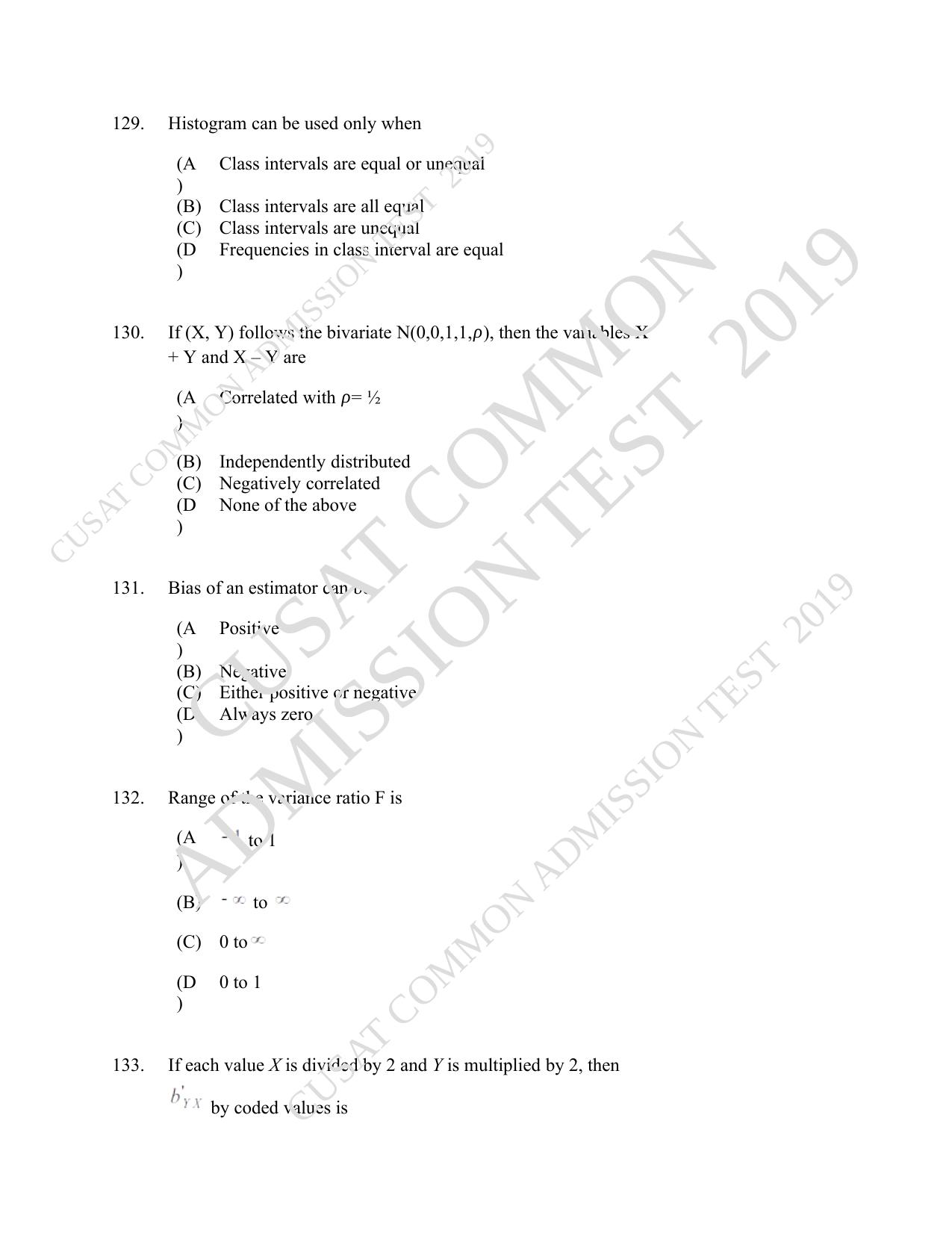 CUSAT CAT 2019 Msc Statistics Question Paper With Answer Key - Page 57