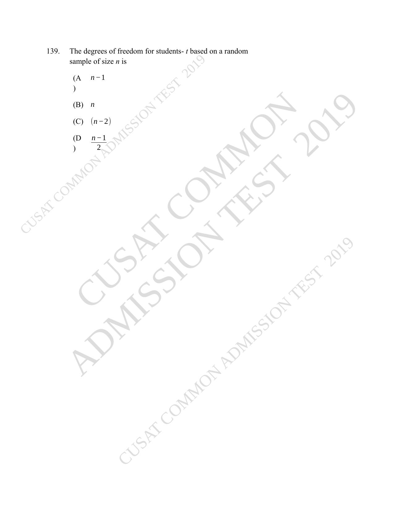 CUSAT CAT 2019 Msc Statistics Question Paper With Answer Key - Page 61