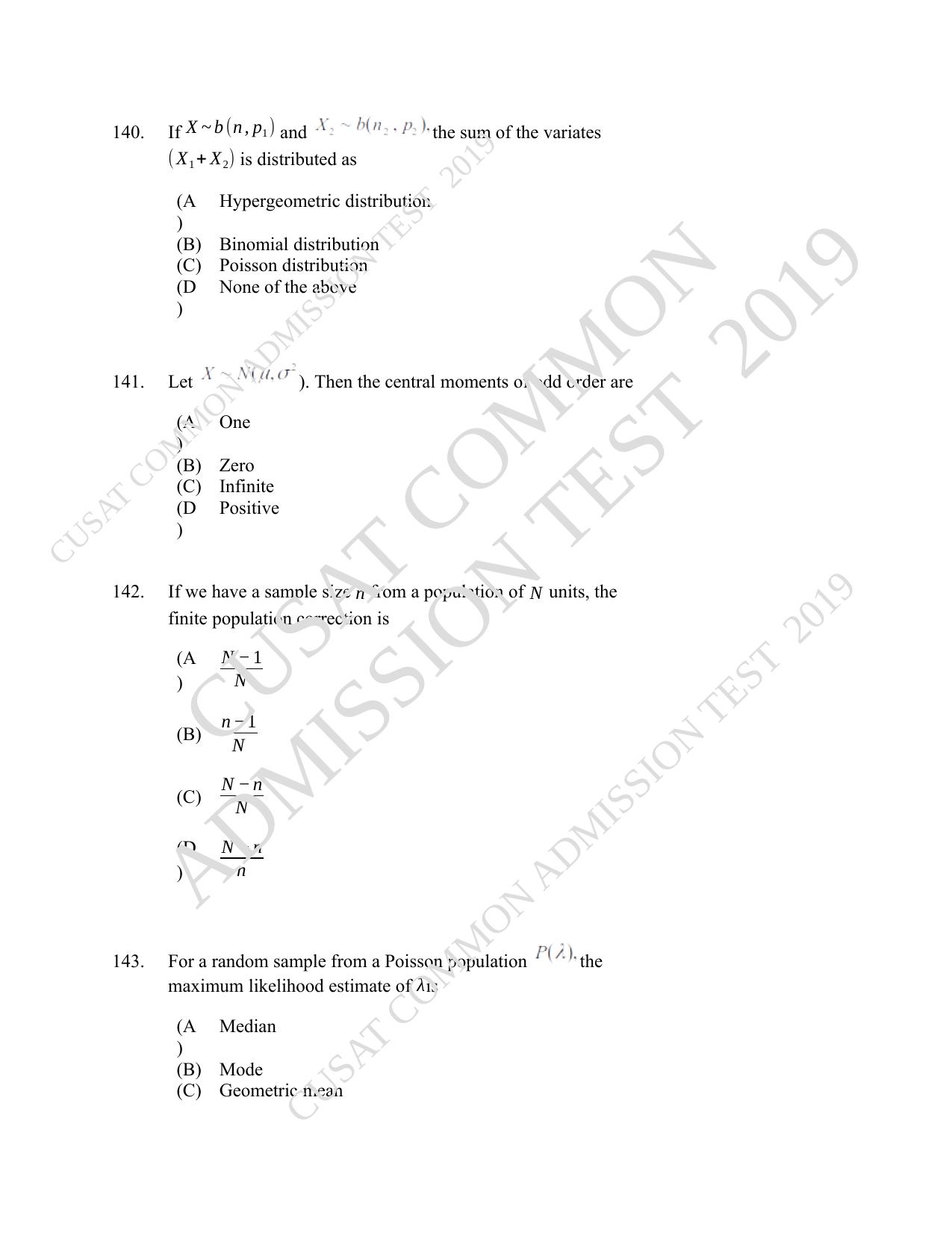 CUSAT CAT 2019 Msc Statistics Question Paper With Answer Key - Page 62