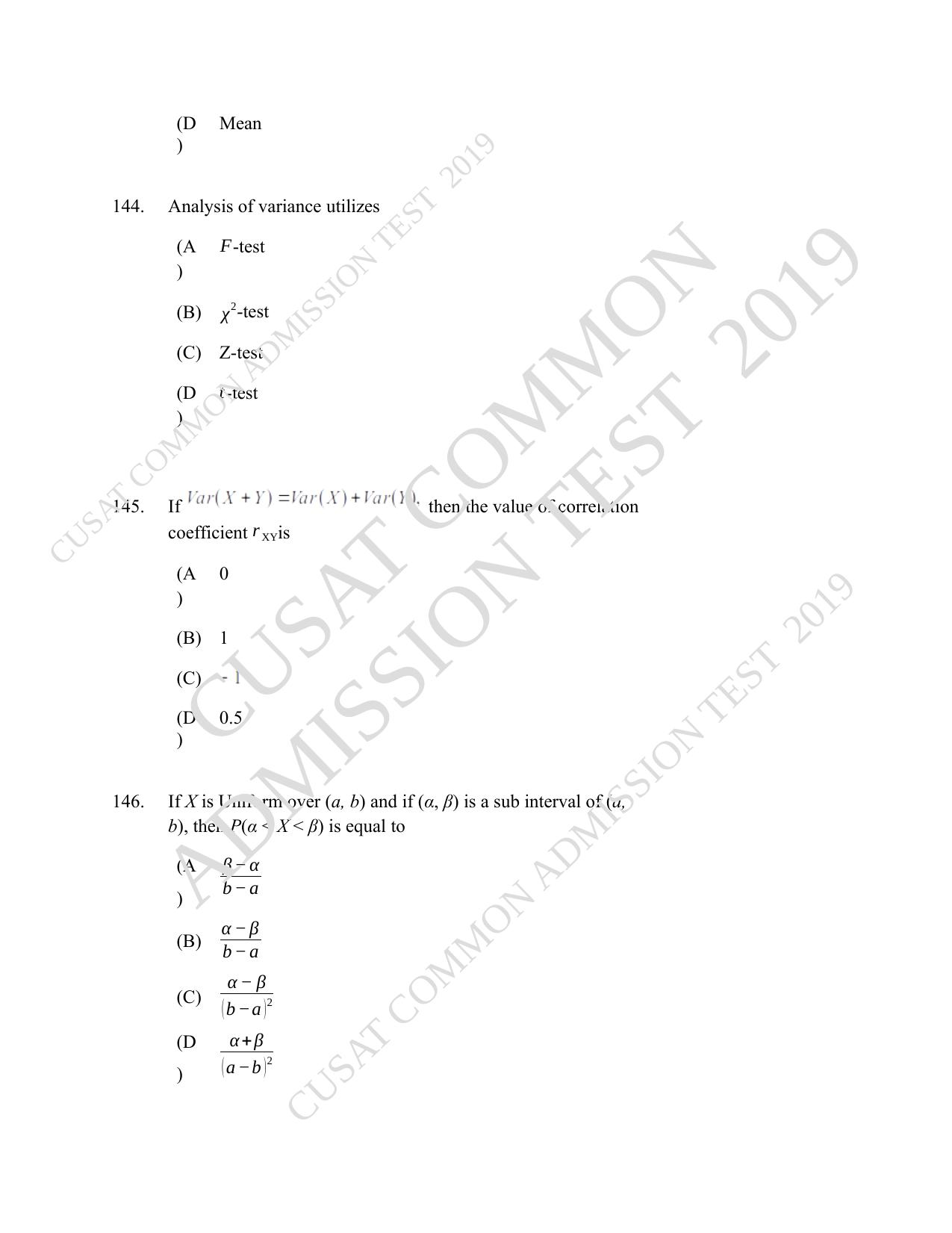 CUSAT CAT 2019 Msc Statistics Question Paper With Answer Key - Page 63