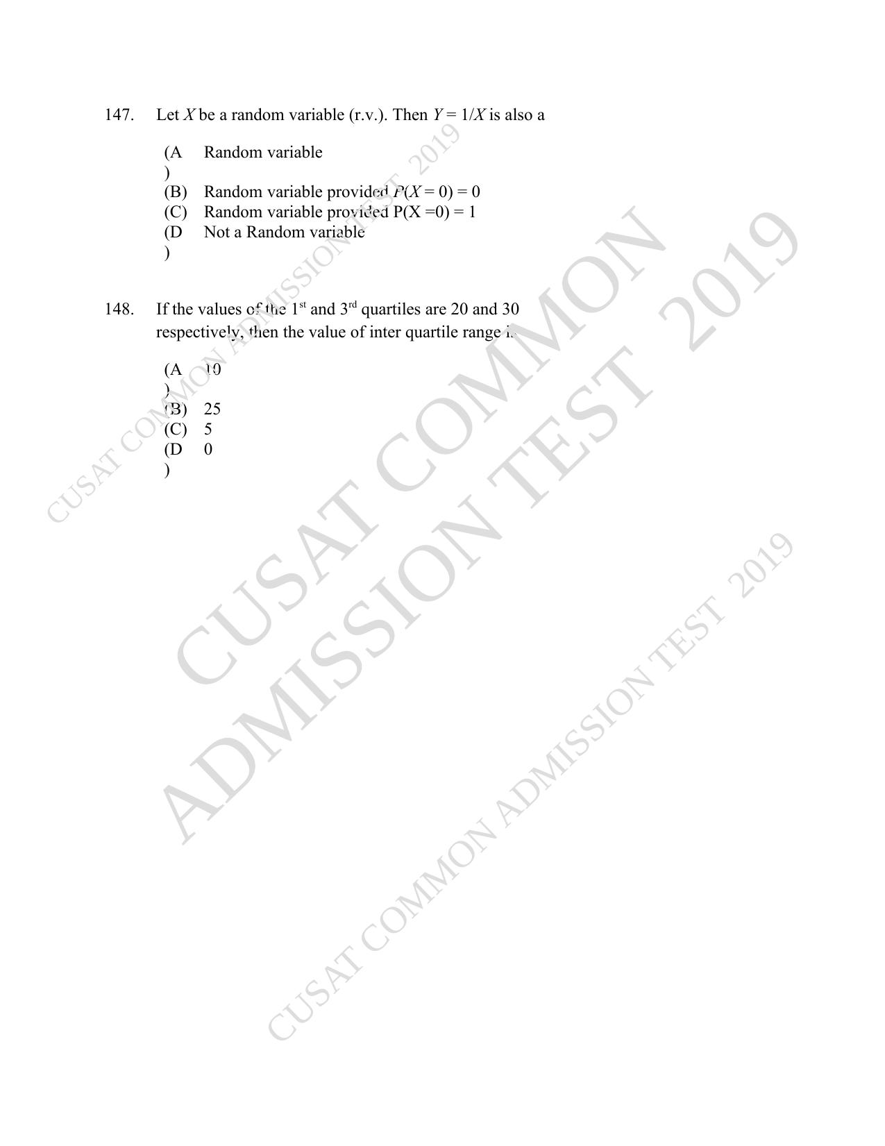 CUSAT CAT 2019 Msc Statistics Question Paper With Answer Key - Page 64
