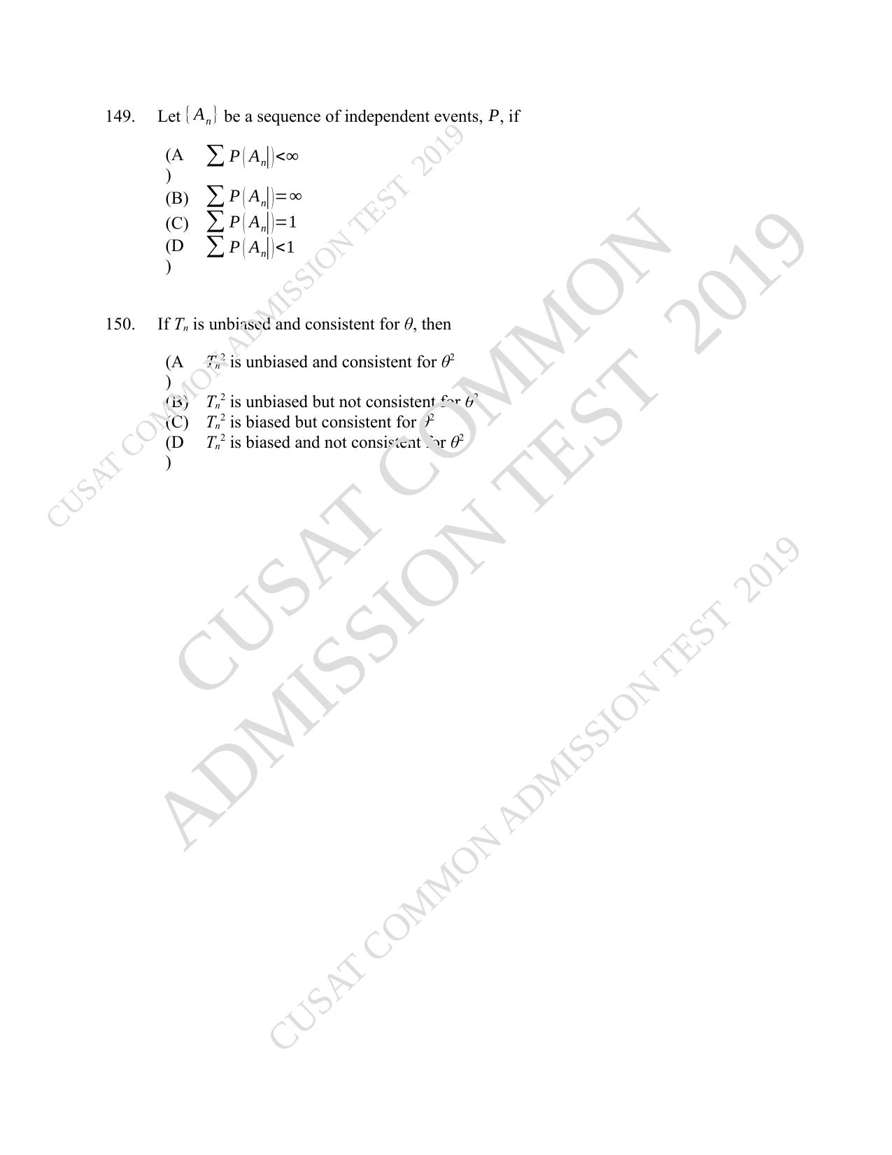 CUSAT CAT 2019 Msc Statistics Question Paper With Answer Key - Page 65