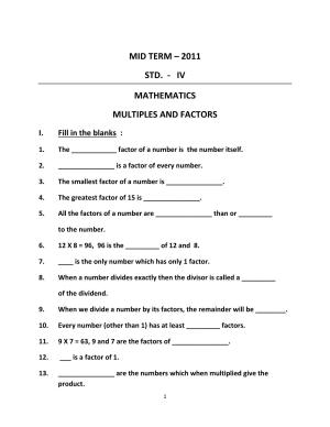 Worksheet for Class 4 Maths Assignment 63 Multiples and Factors